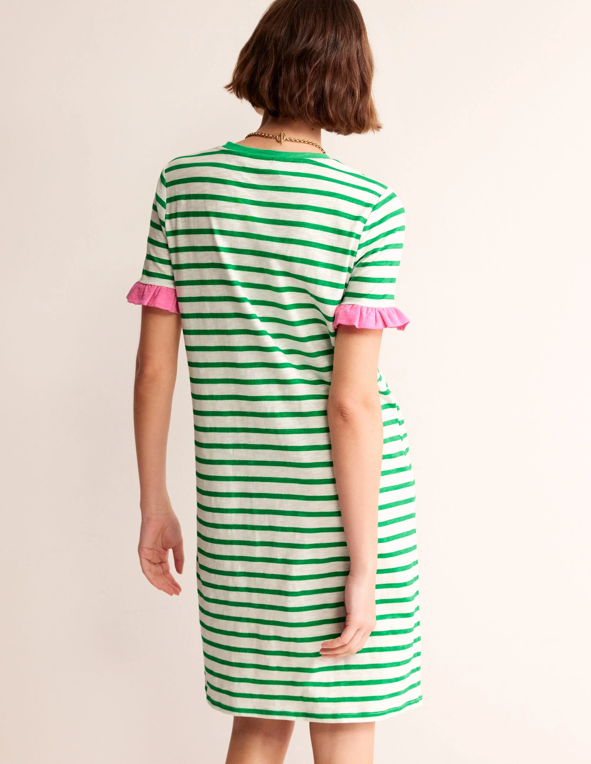 Emily Ruffle Cotton Dress-Ivory, Green Stripe - Image 3