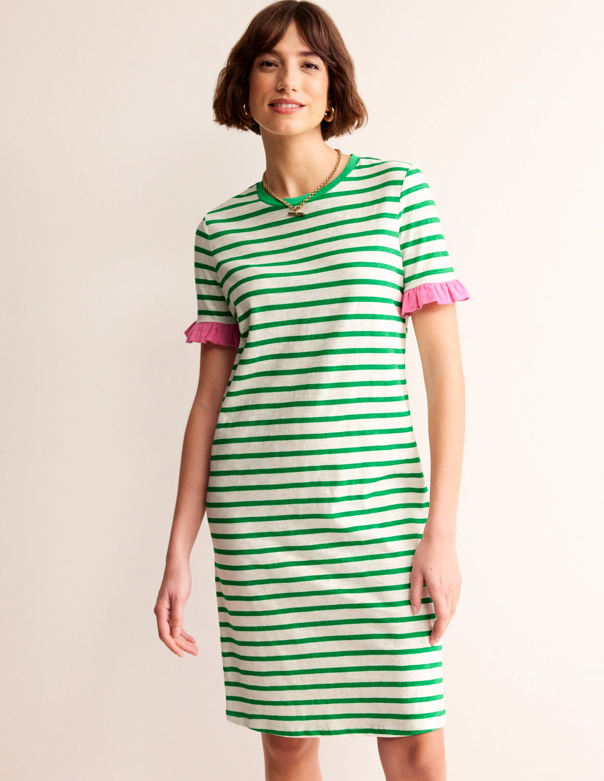 Emily Ruffle Cotton Dress-Ivory, Green Stripe - Image 4