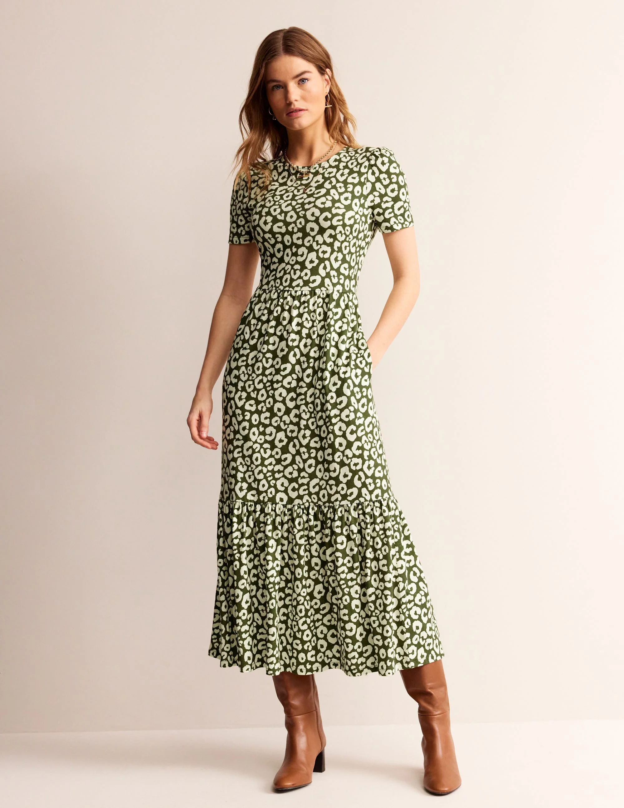 Emma Tiered Jersey Midi Dress-Moss, Animal Cheetah