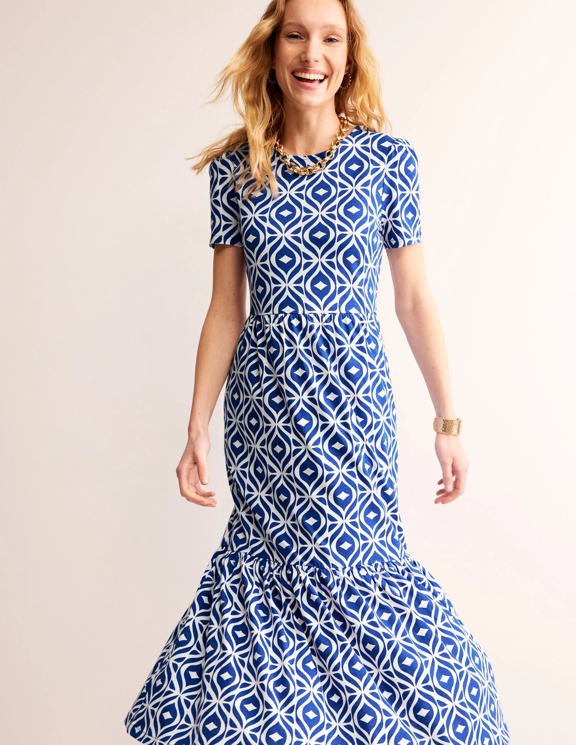 Emma Tiered Jersey Midi Dress-Surf the Web, Diamond Wave