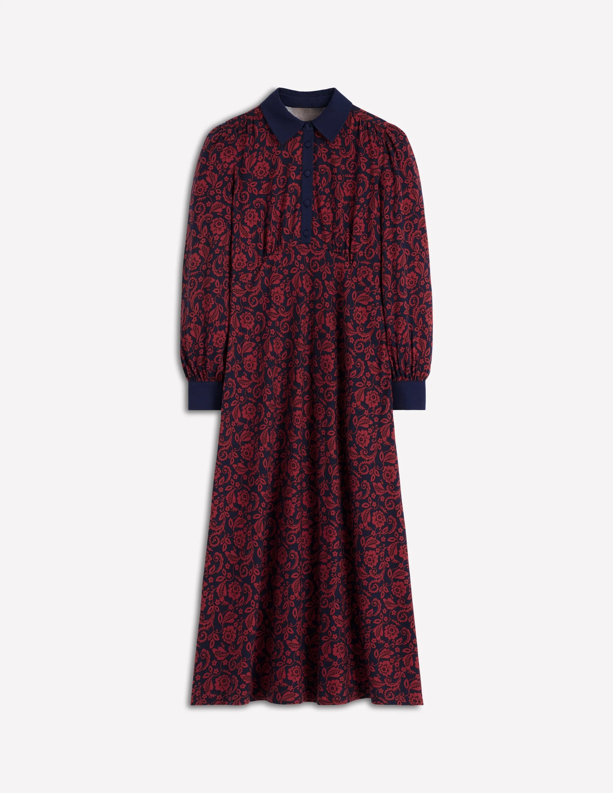 Empire Waistline Shirt Dress-Red, Ornate Flora - Image 6