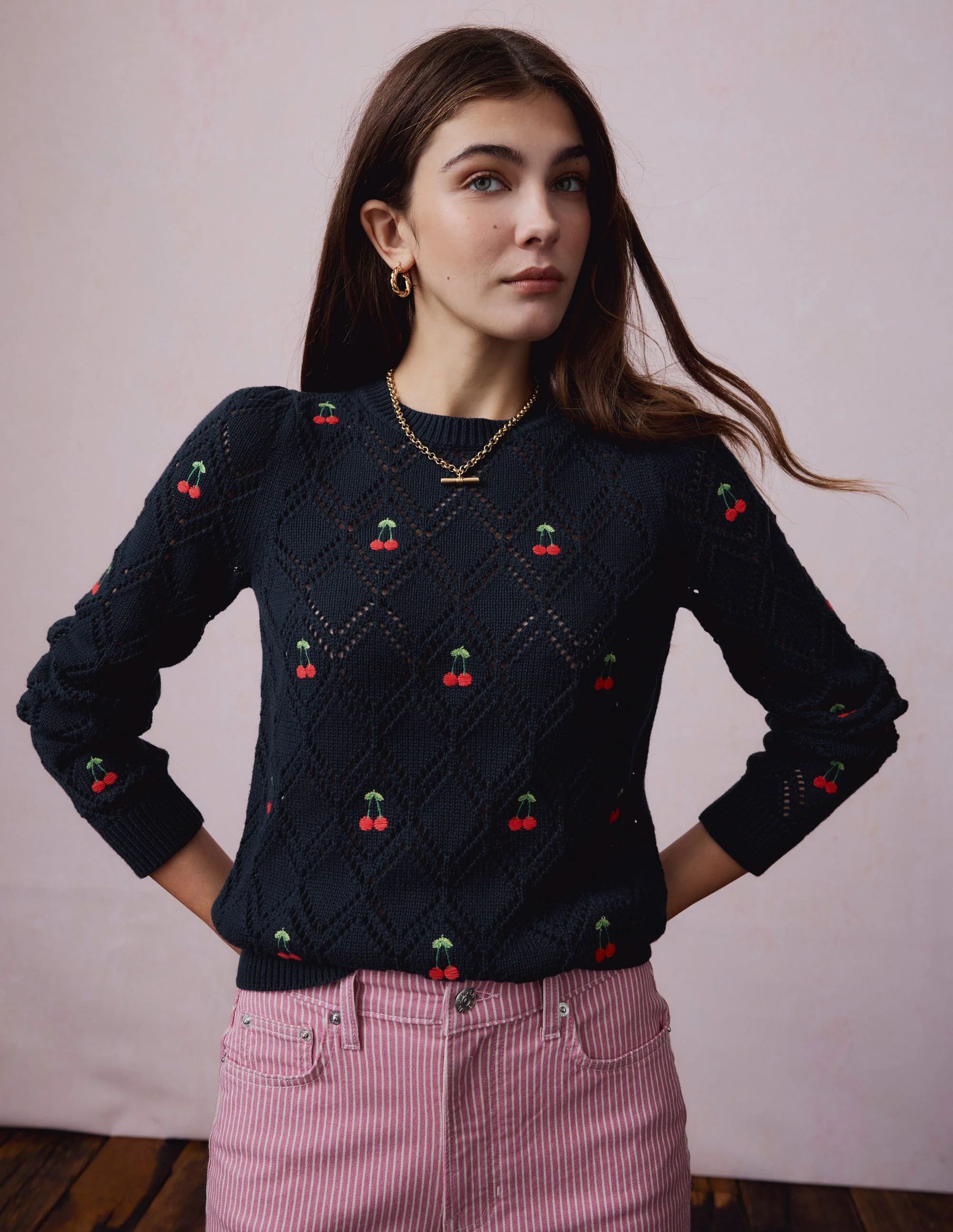 Enid Embroidered Sweater-Navy, Cherries - Image 2