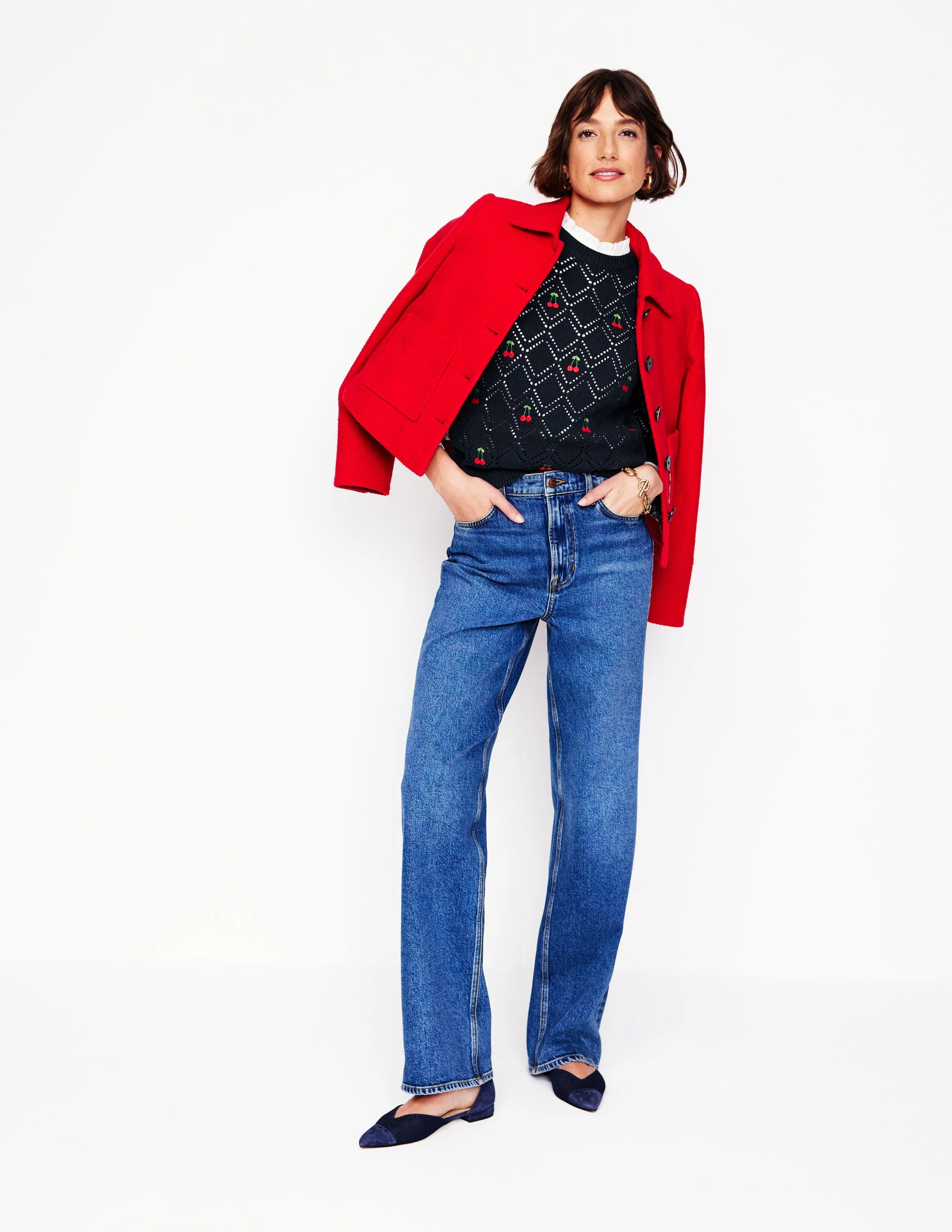 Enid Embroidered Sweater-Navy, Cherries - Image 5
