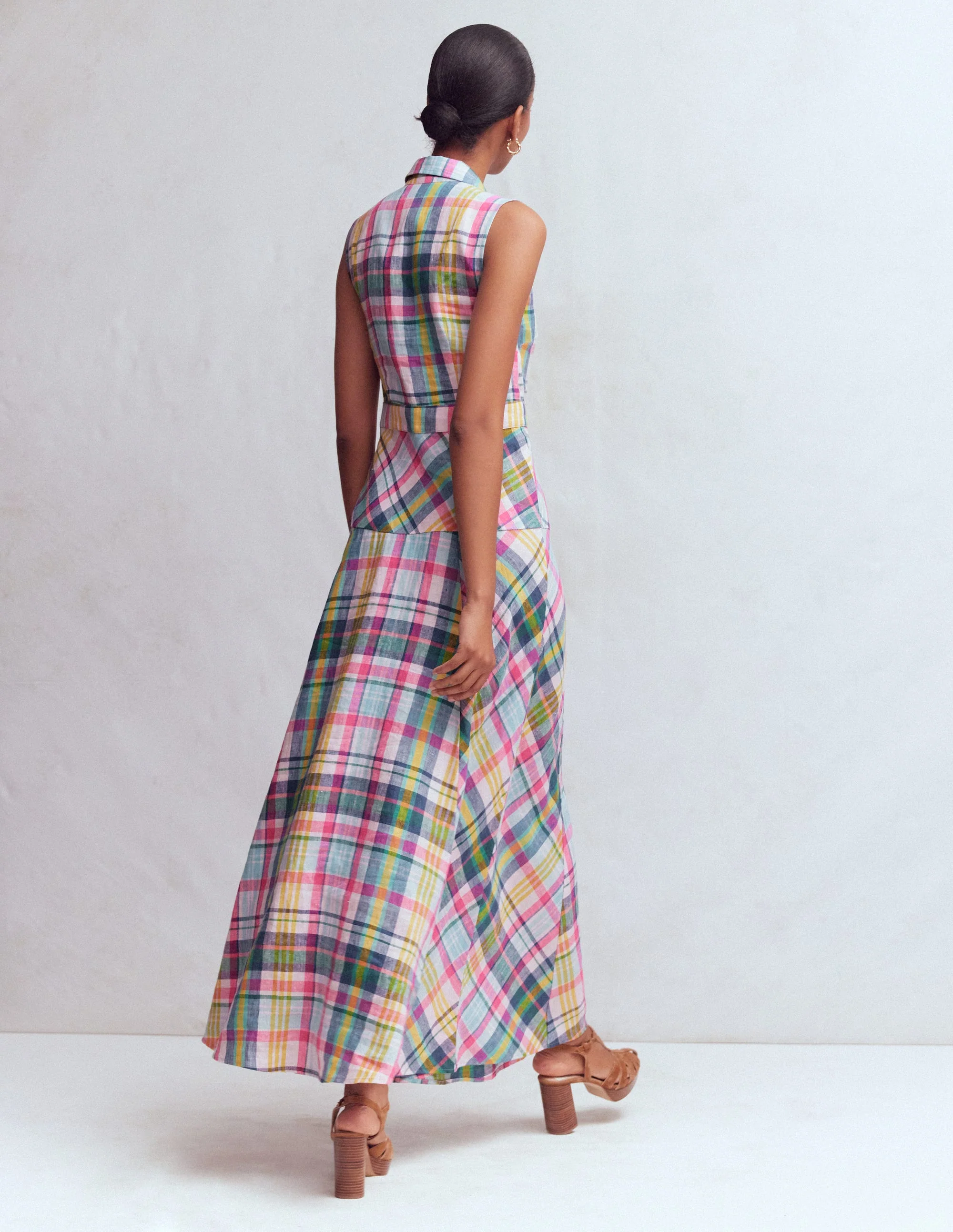 Erma Drop Waist Linen Dress-Blue, Pink and Green Madras - Image 3
