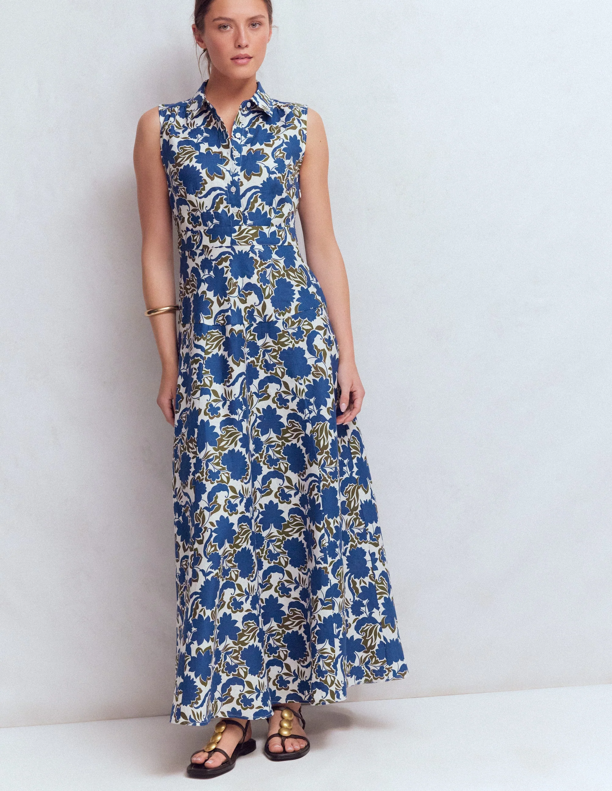Erma Drop Waist Linen Dress-Blue Shadow Blossom - Image 4