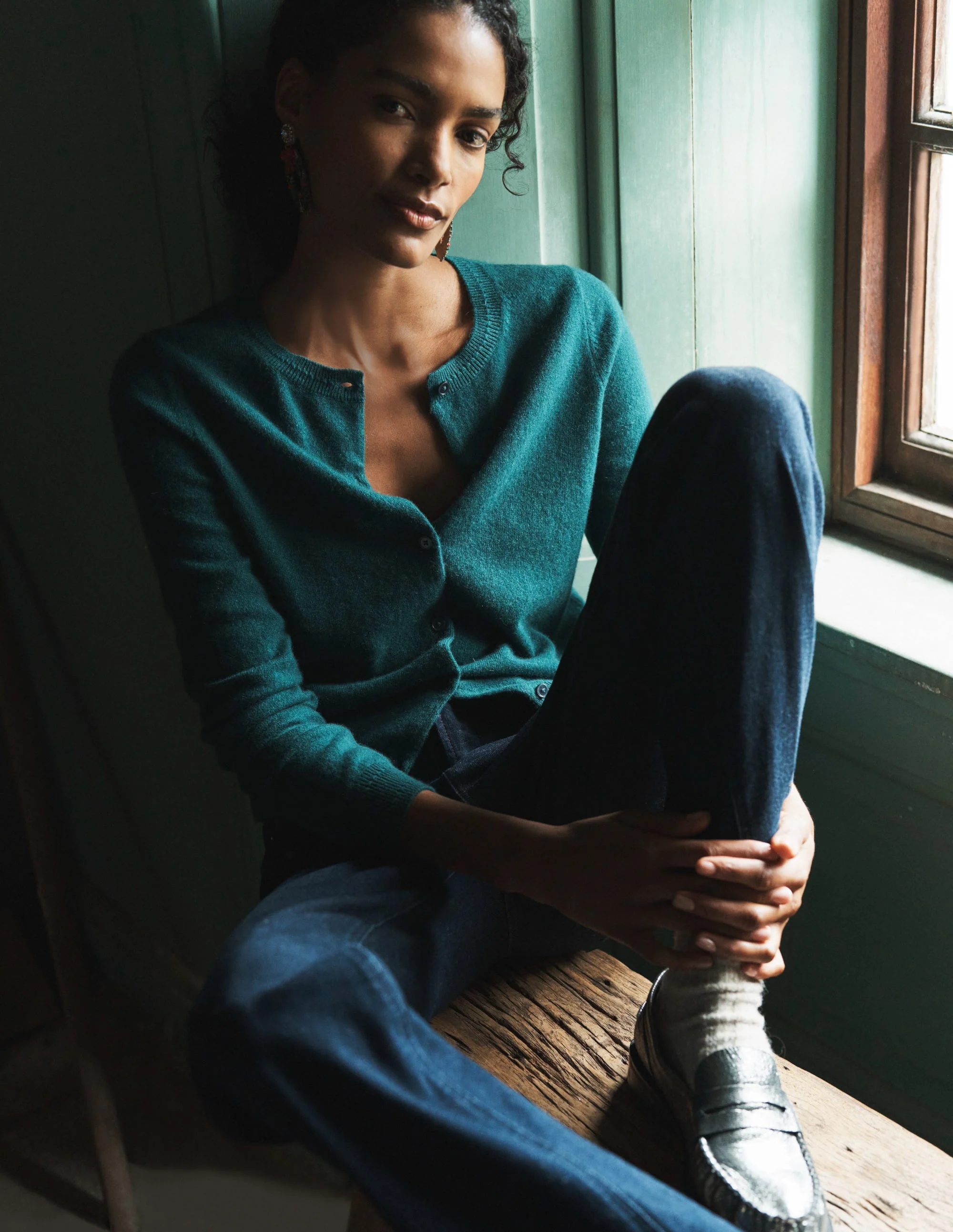 Eva Cashmere Crew Cardigan-Deep Forest - Image 7