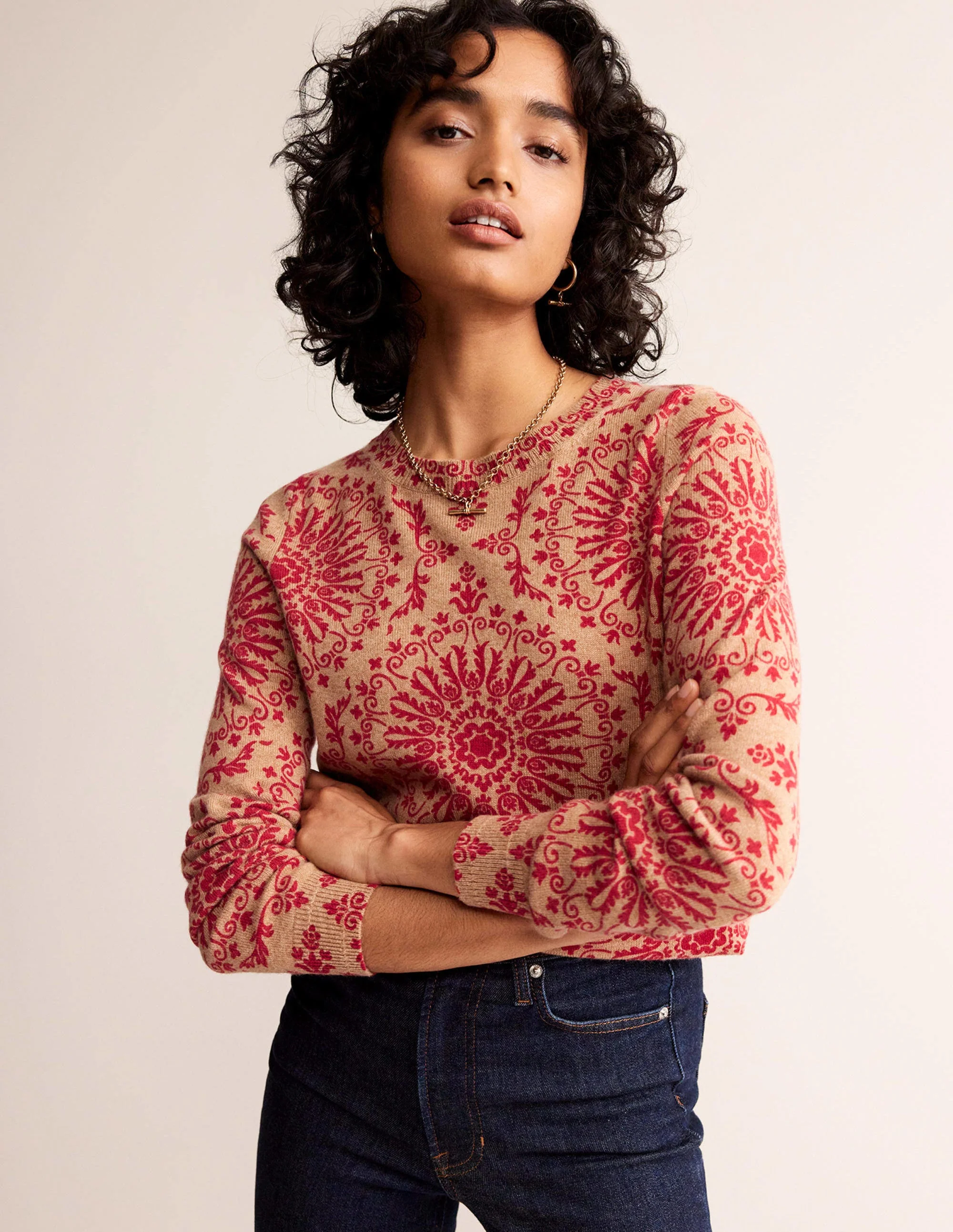 Eva Cashmere Crew Neck Sweater-Camel Pop Peony