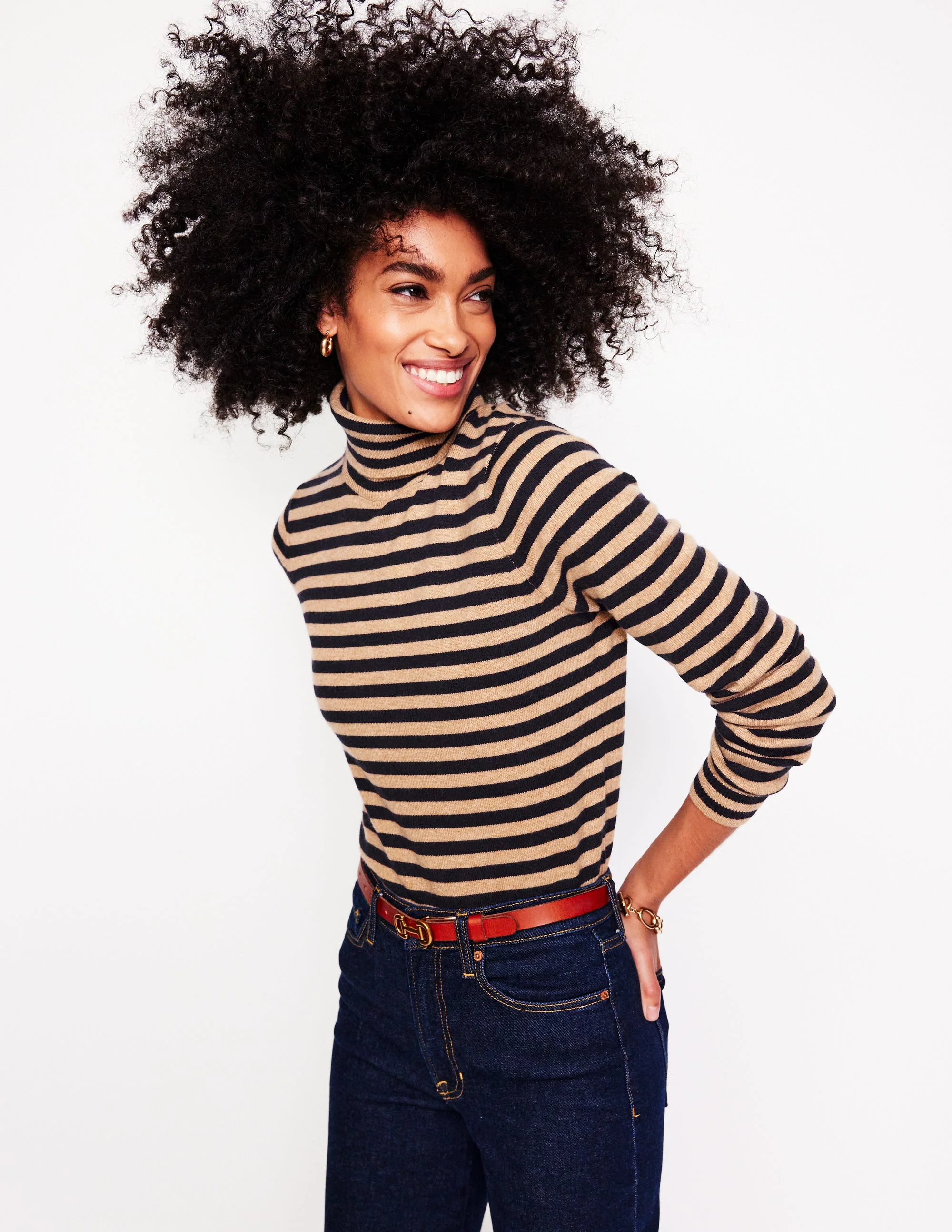 Eva Cashmere Roll Neck Sweater-Camel Melange, Navy - Image 2
