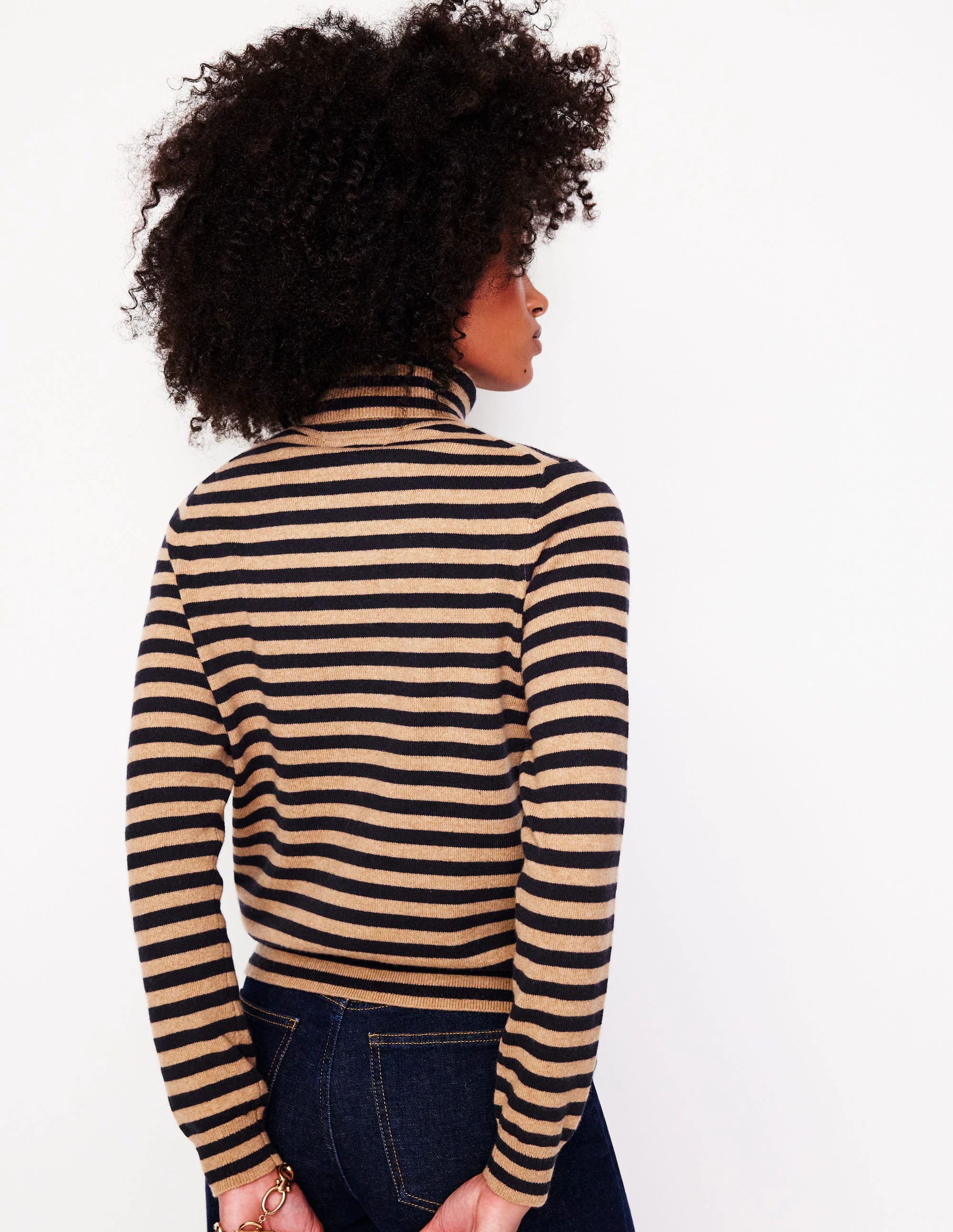 Eva Cashmere Roll Neck Sweater-Camel Melange, Navy - Image 3