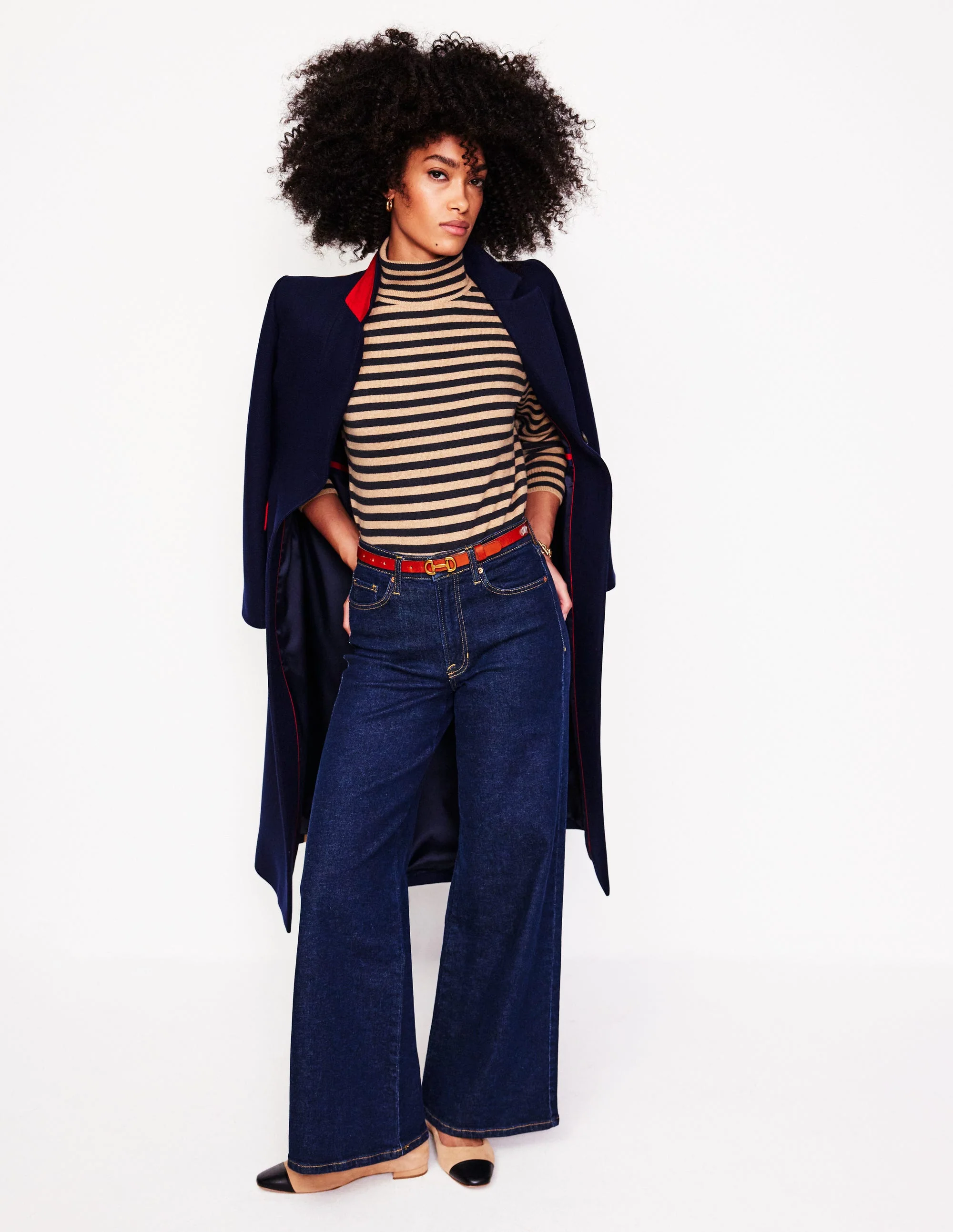 Eva Cashmere Roll Neck Sweater-Camel Melange, Navy - Image 4