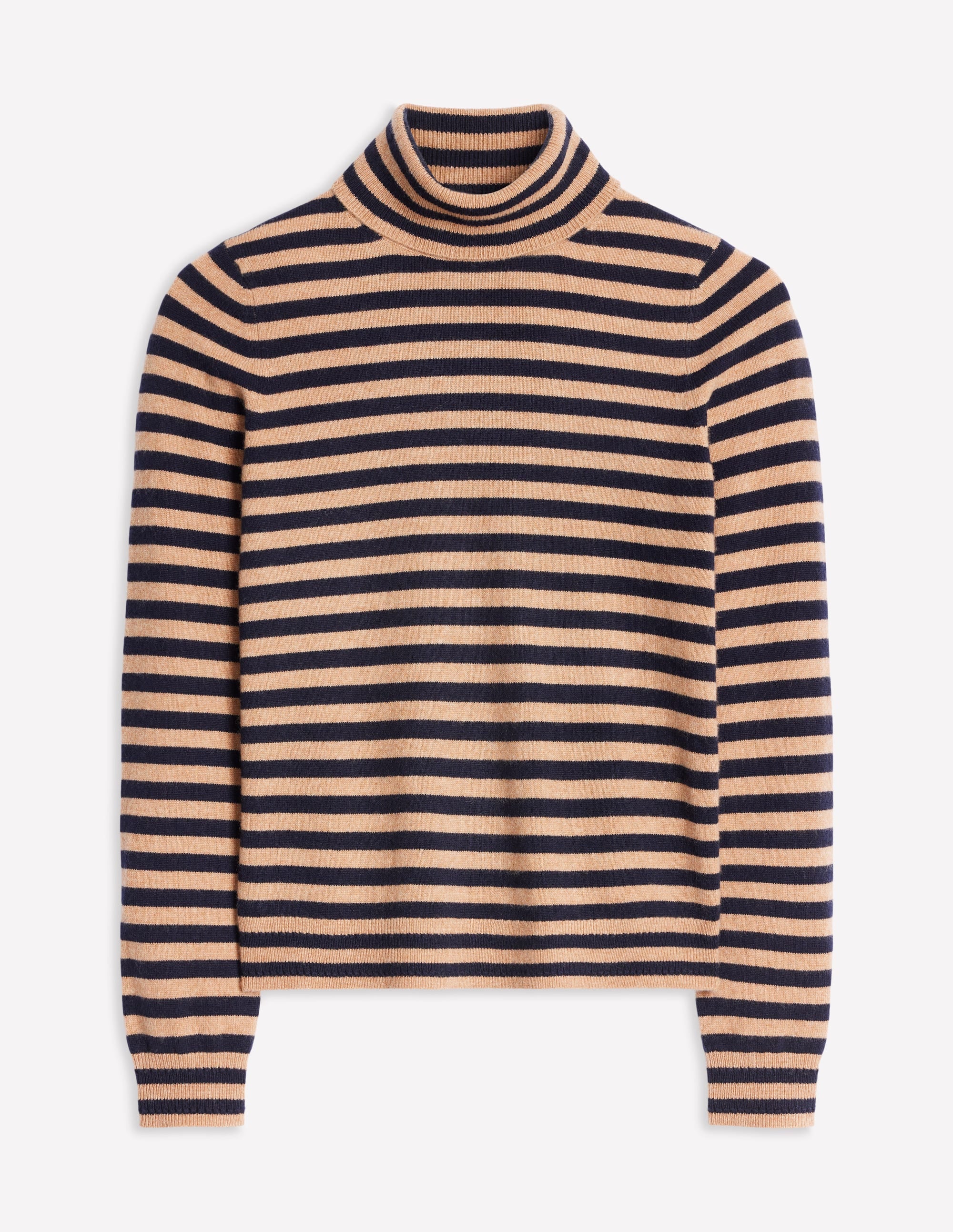 Eva Cashmere Roll Neck Sweater-Camel Melange, Navy - Image 5