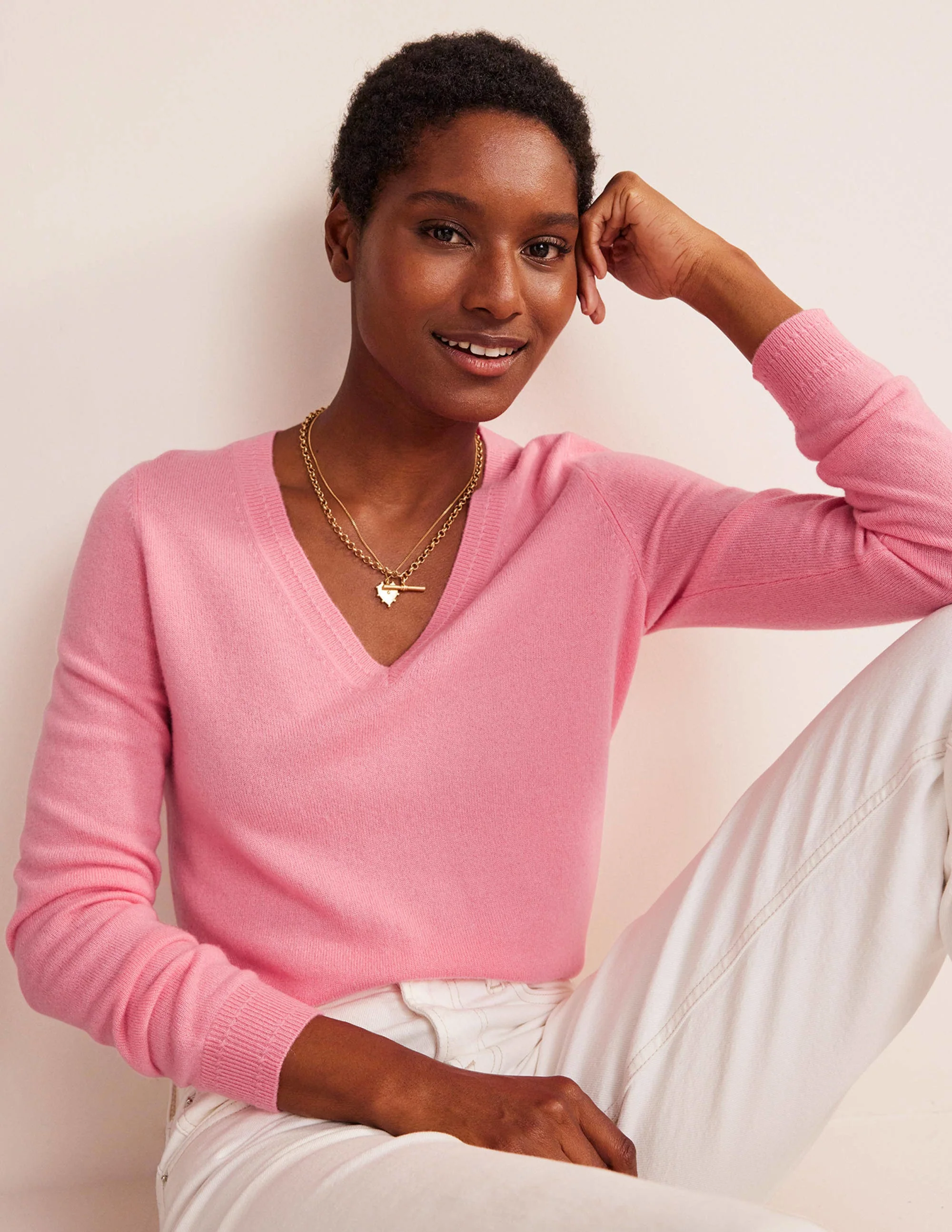 Eva Cashmere V-Neck Sweater-Azalea Pink