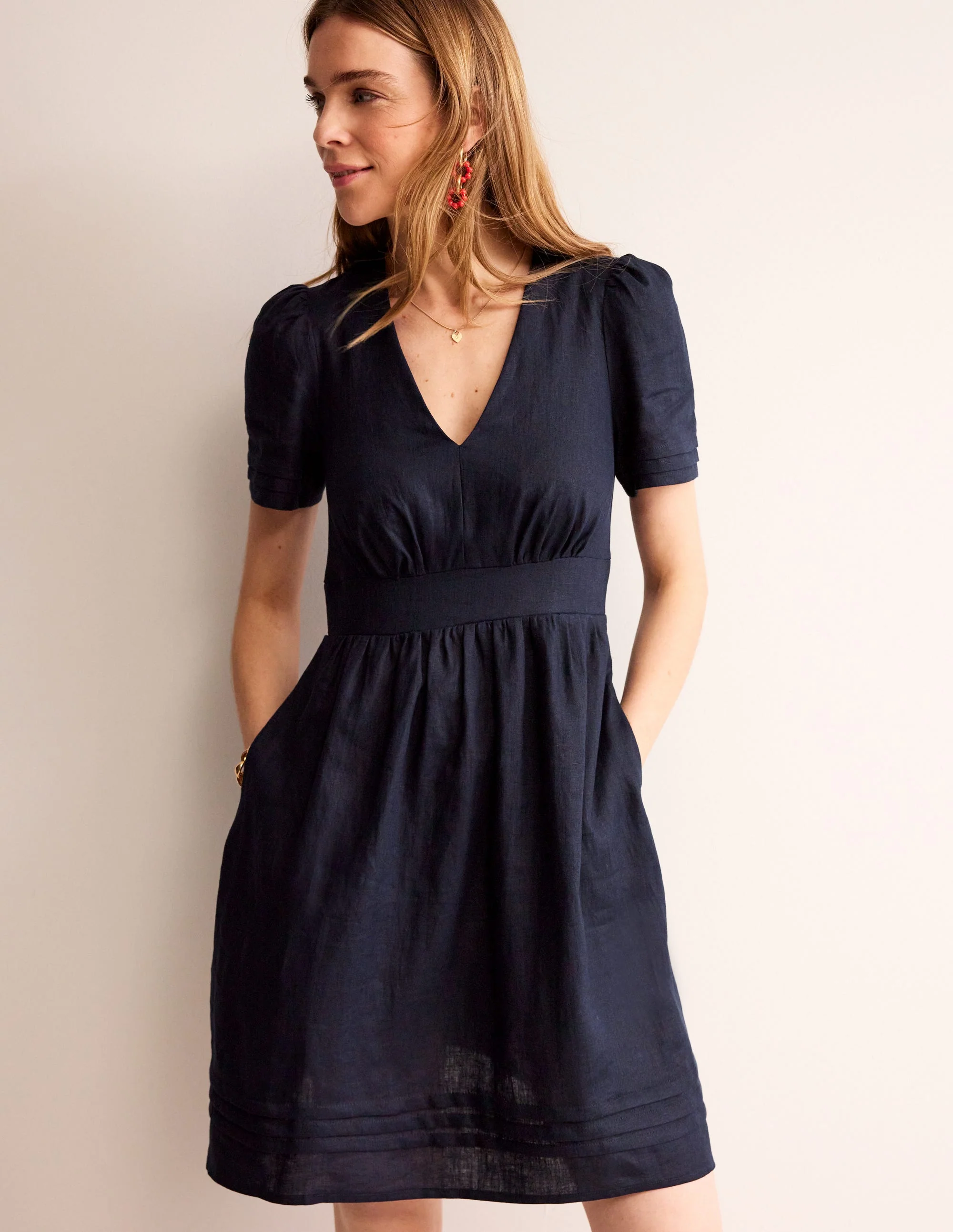 Eve Linen Short Dress-Navy - Image 4