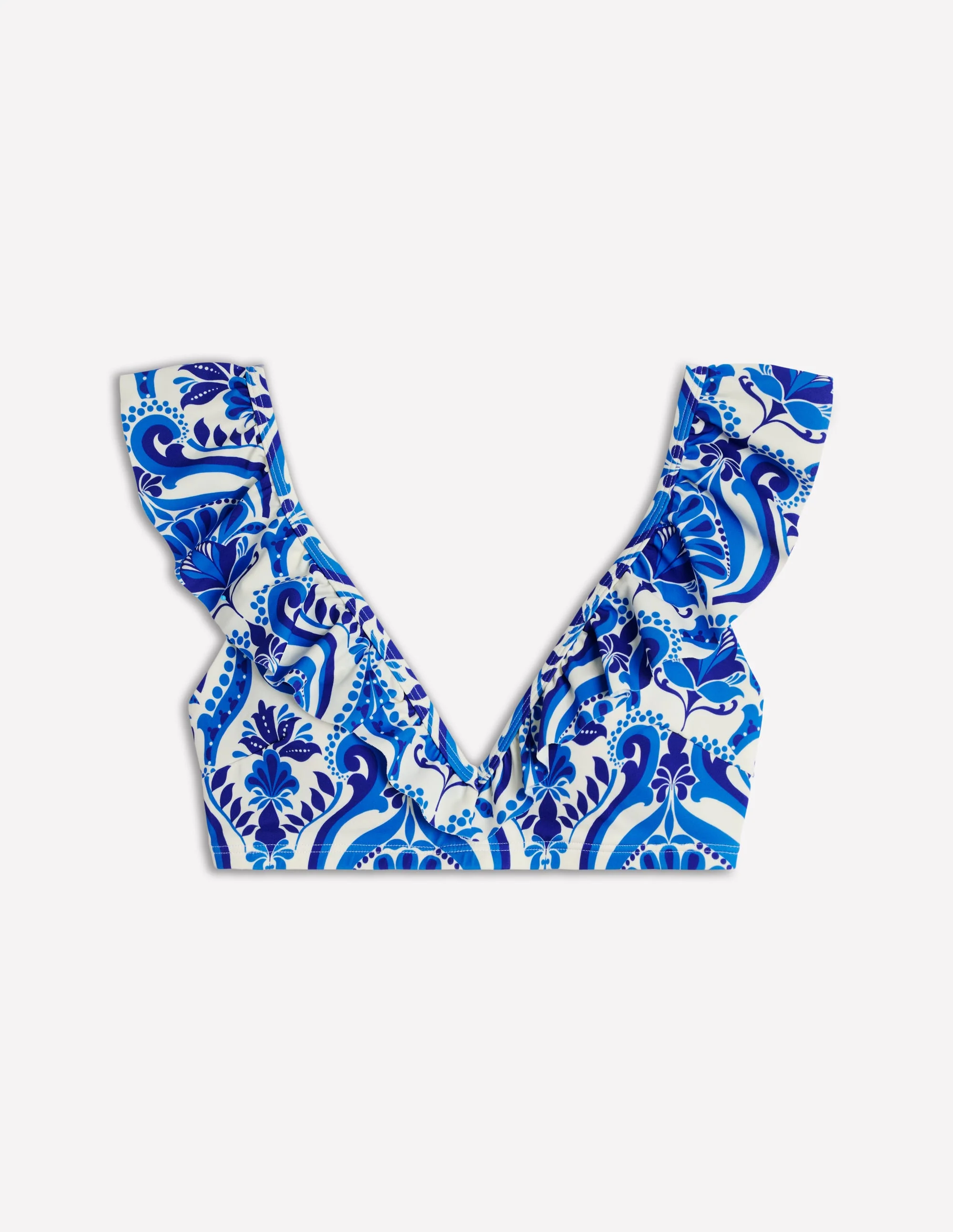 Evia Ruffle Bikini Top-Blue, Ornamental Floral - Image 7