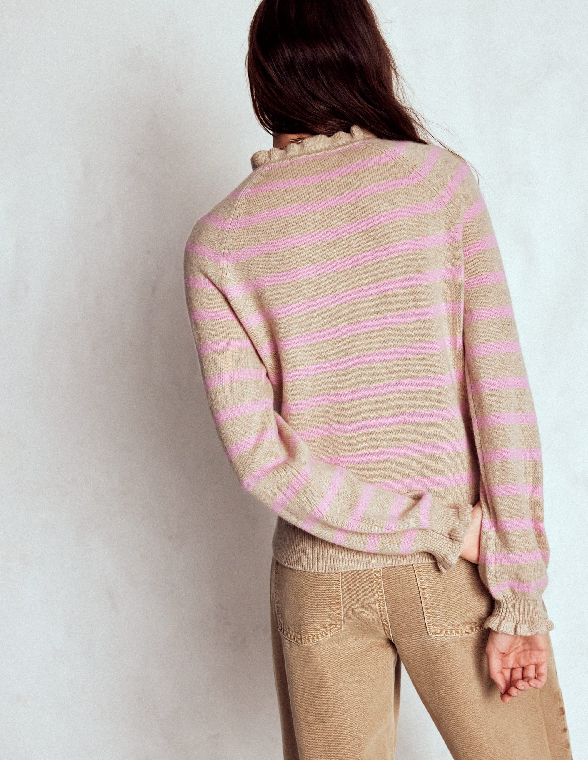 Fae Fair Isle Frilled Sweater-Camel, Pink Stripe - Image 3