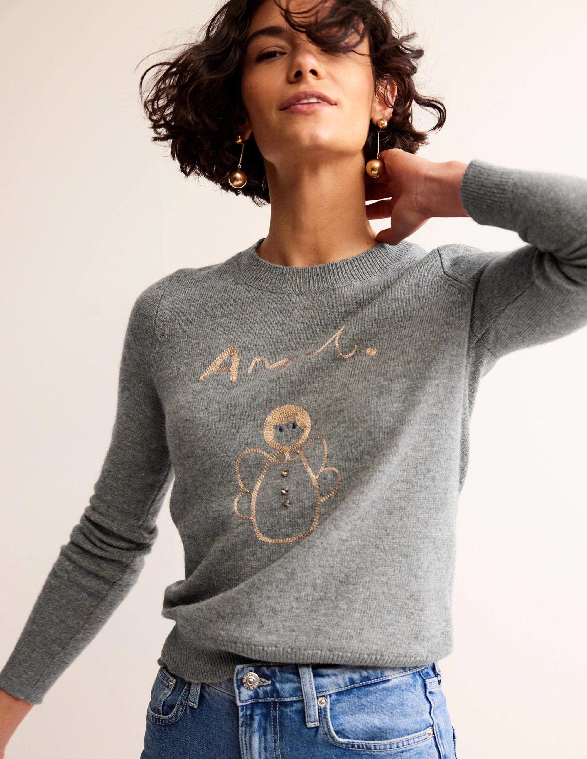 Festive Embroidered Sweater-Grey Melange, Angel