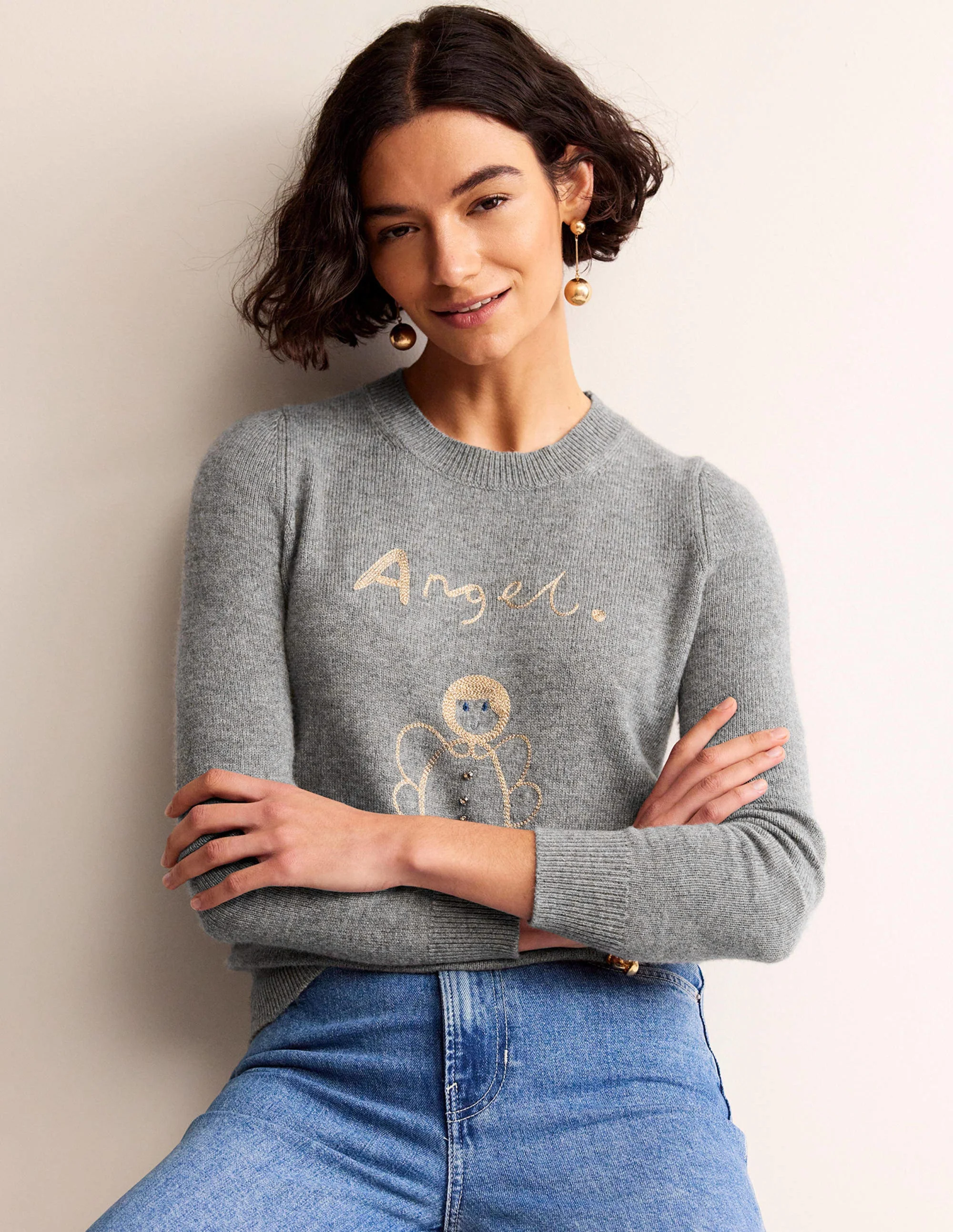 Festive Embroidered Sweater-Grey Melange, Angel - Image 4