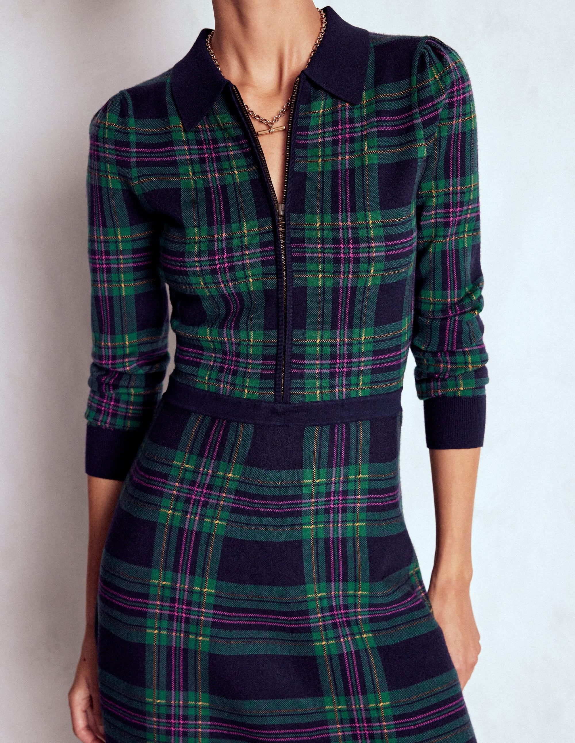 Fiona Zip Front Knitted Dress-Green Check - Image 5