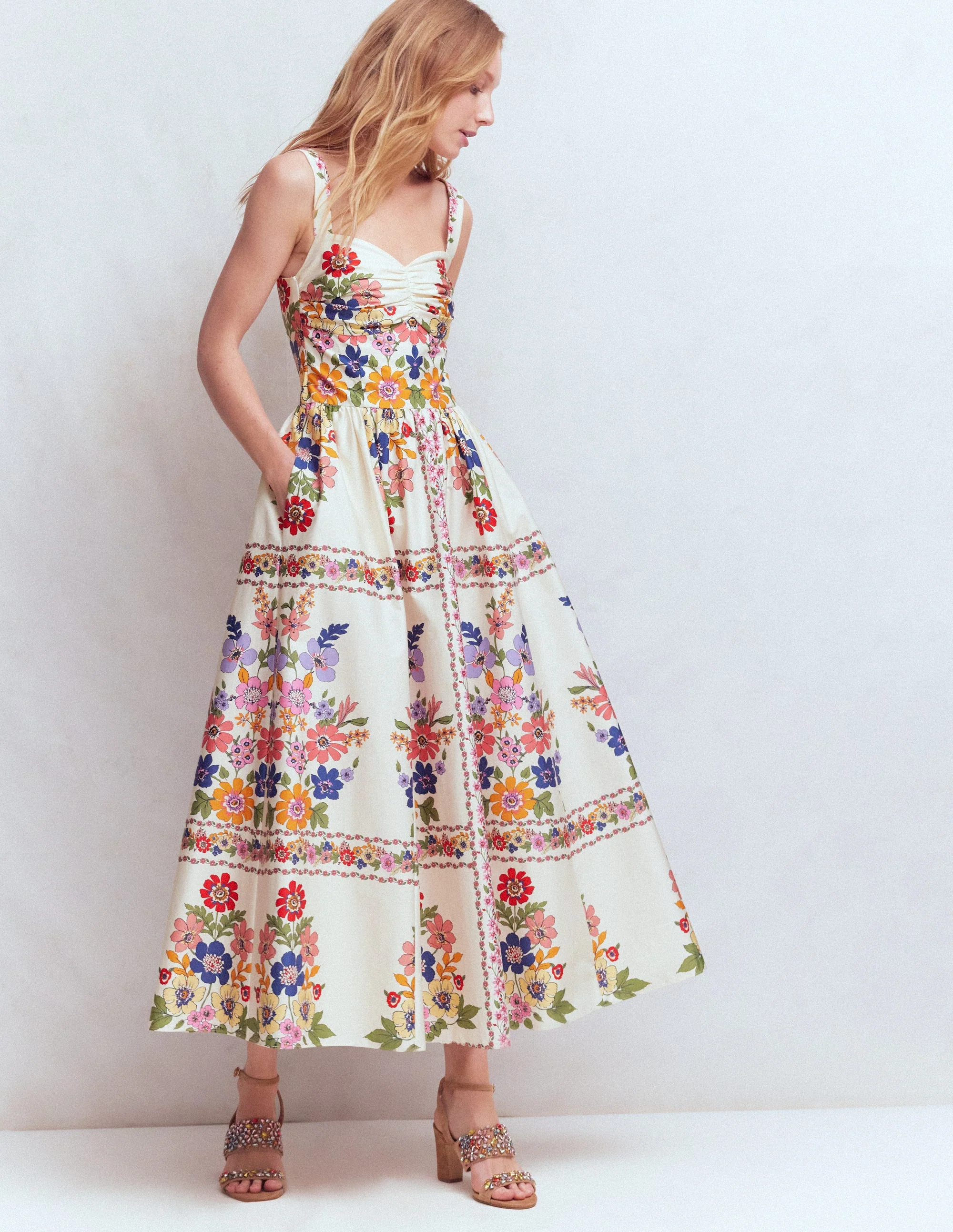 Fit and Flare Midi Dress-Multi Meadow Flowers Lattice