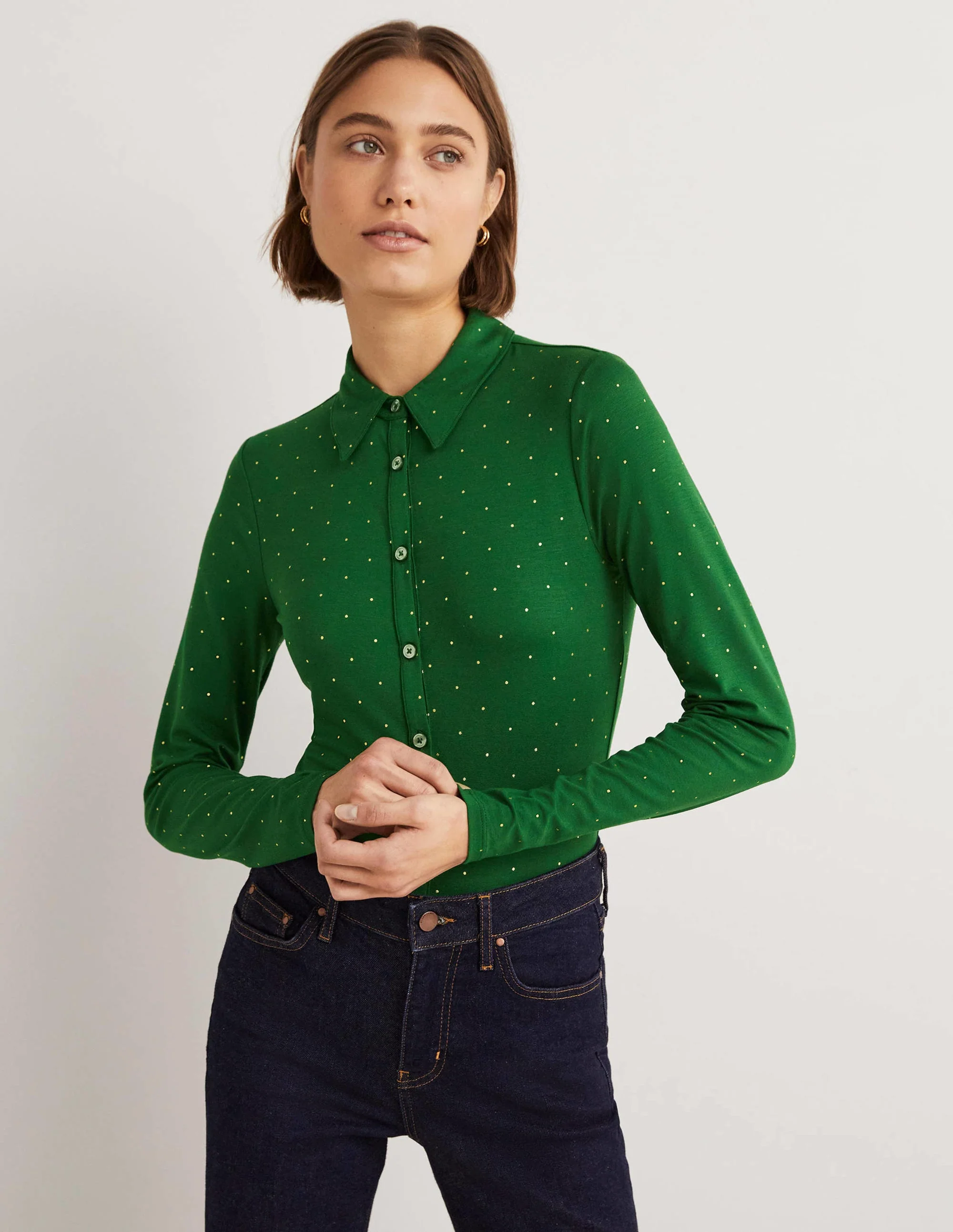 Fitted Jersey Shirt-Hunter Green, Foil Dot - Image 4