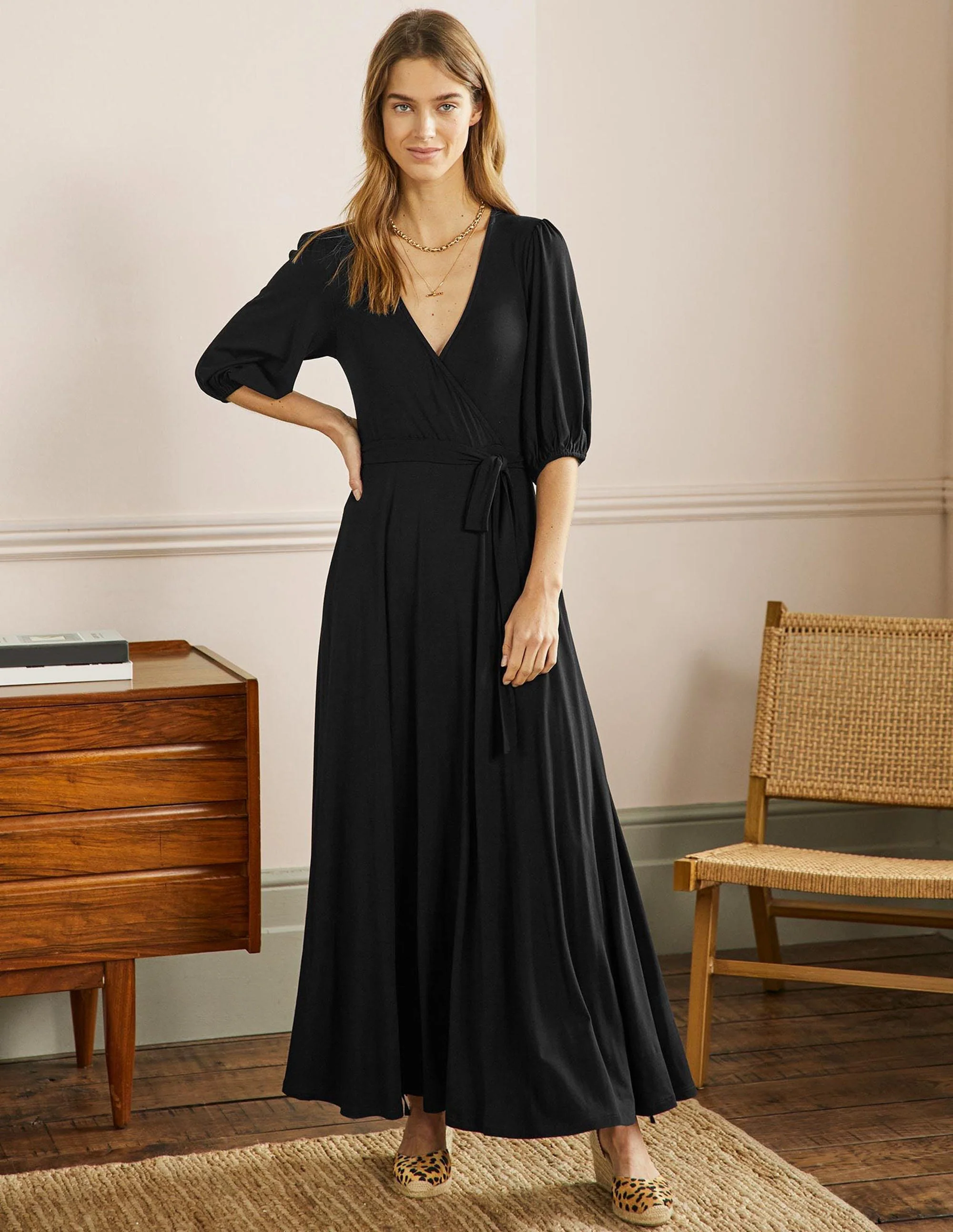 Fixed Wrap Jersey Maxi Dress-Black