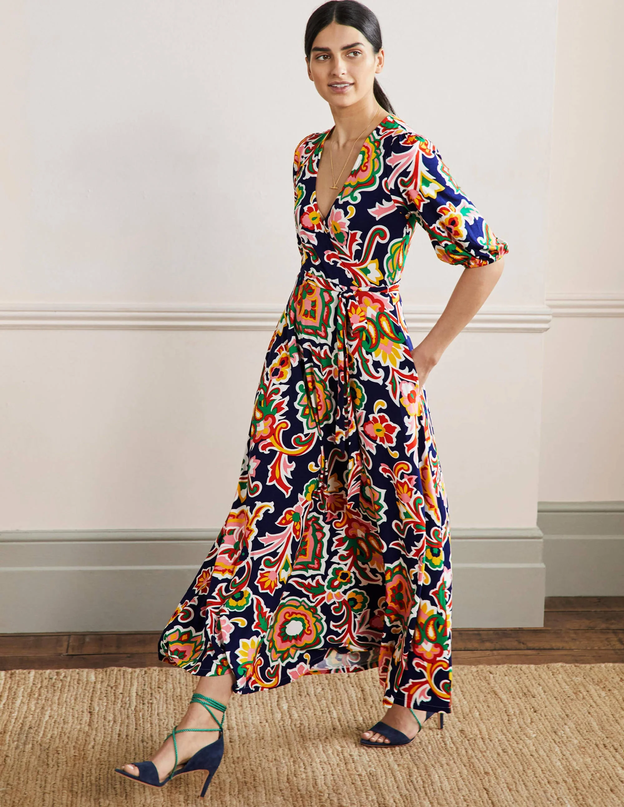 Fixed Wrap Jersey Maxi Dress-Midnight Ocean, Blooms