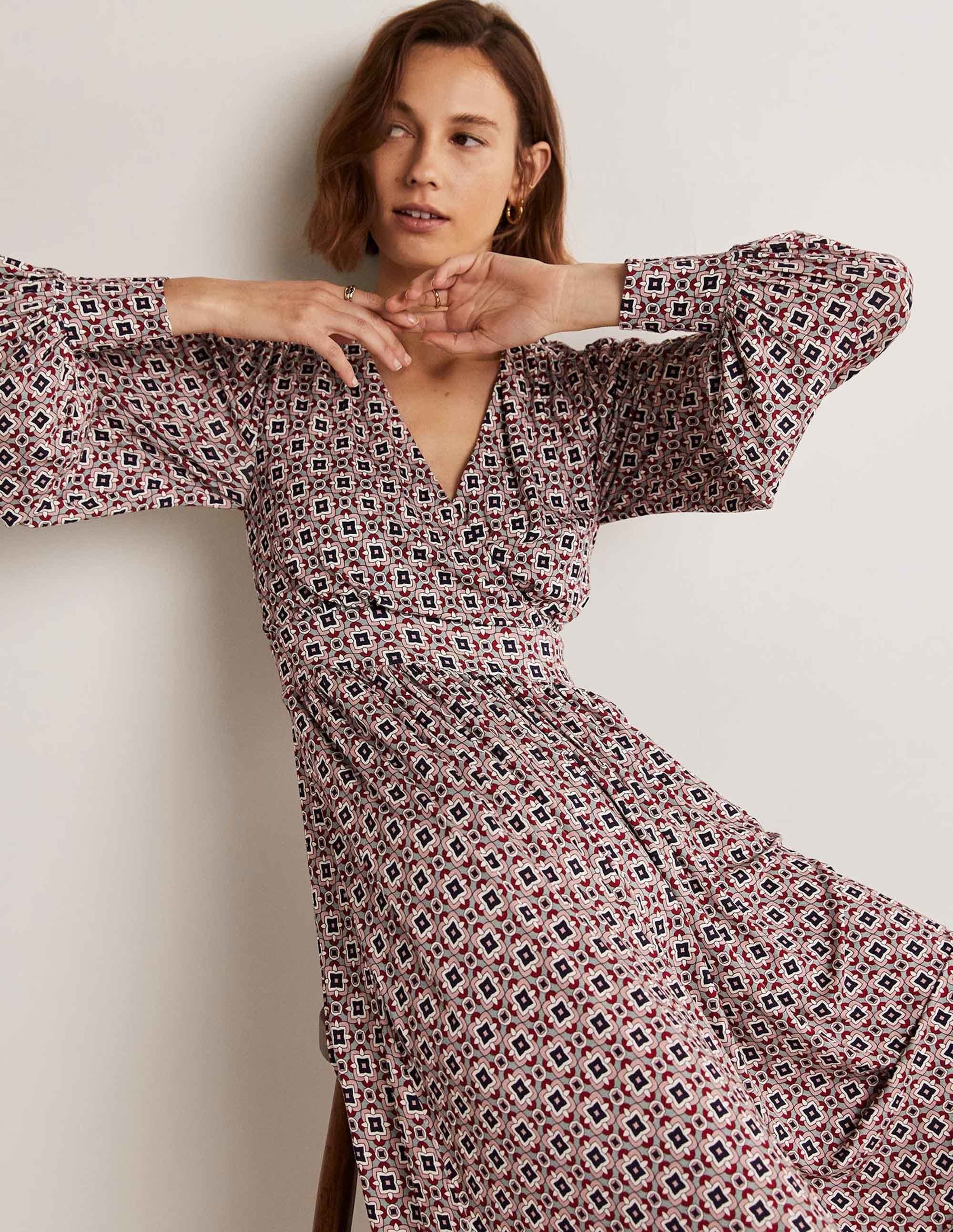 Fixed Wrap Jersey Midi Dress-Almond Pink, Square Geo - Image 4