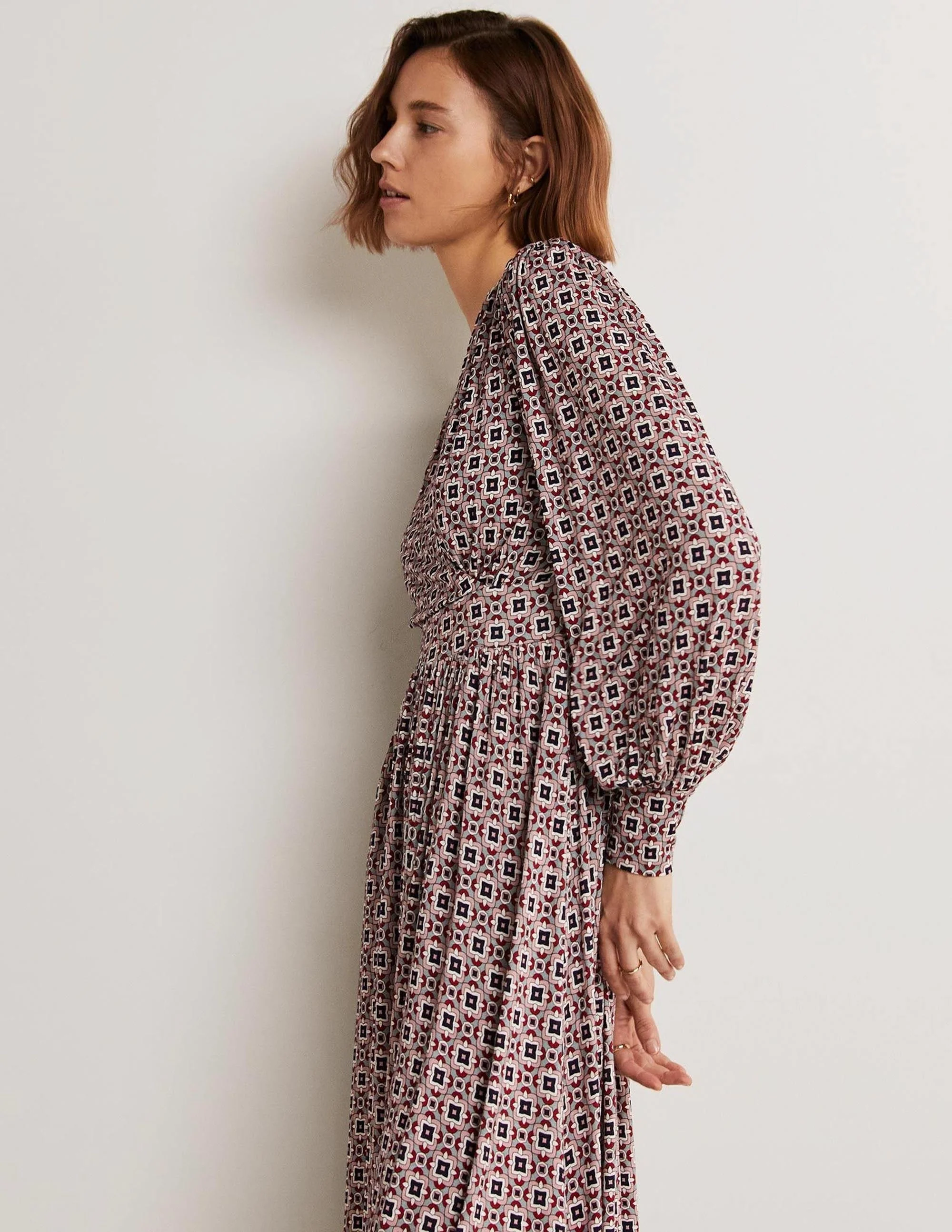 Fixed Wrap Jersey Midi Dress-Almond Pink, Square Geo - Image 5