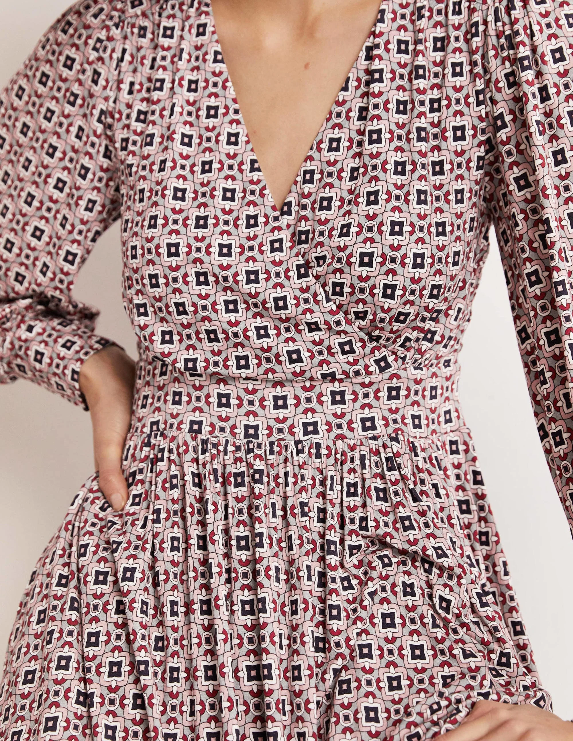 Fixed Wrap Jersey Midi Dress-Almond Pink, Square Geo - Image 7