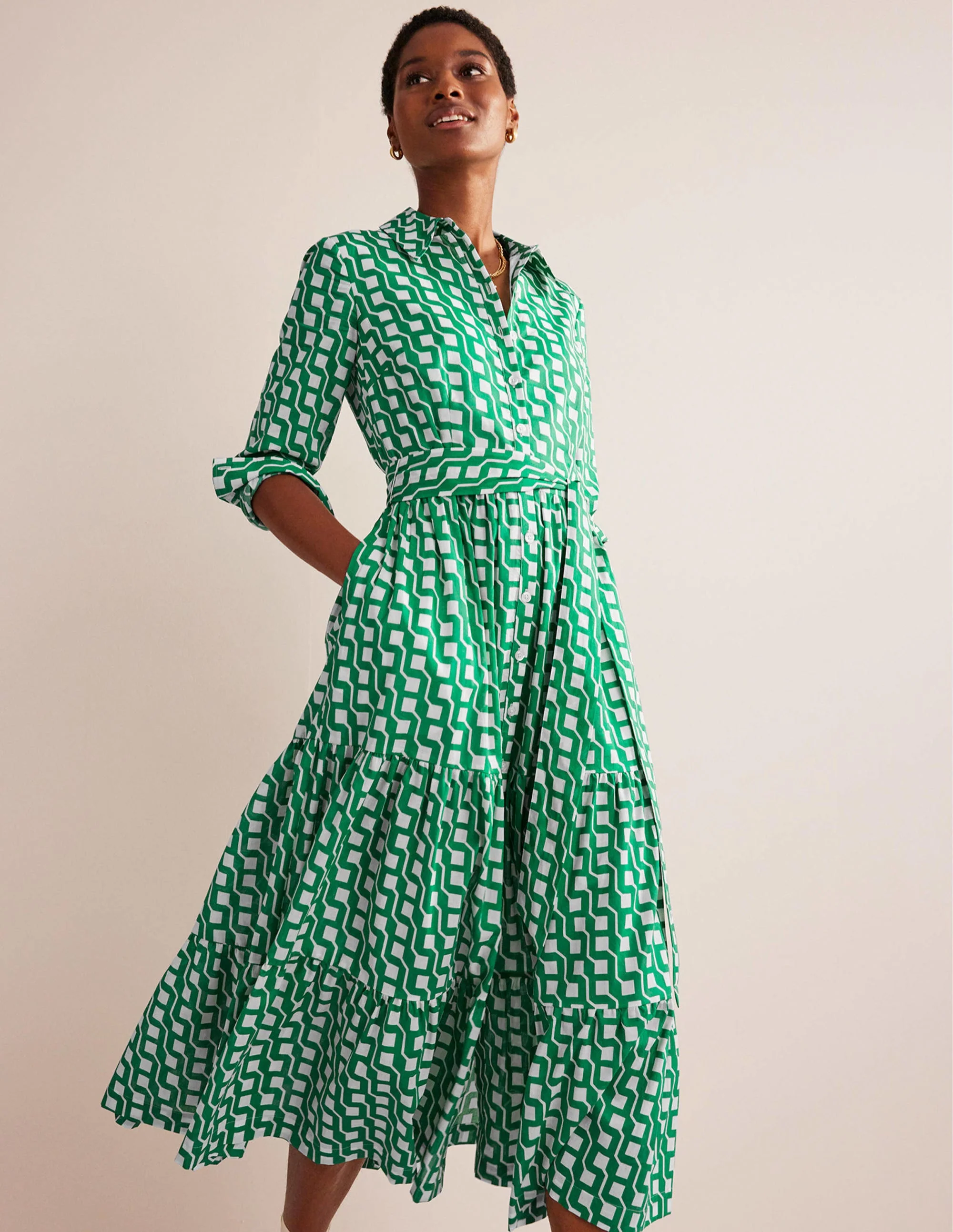 Flo Cotton Midi Shirt Dress-Bright Emerald, Cube Geo - Image 4