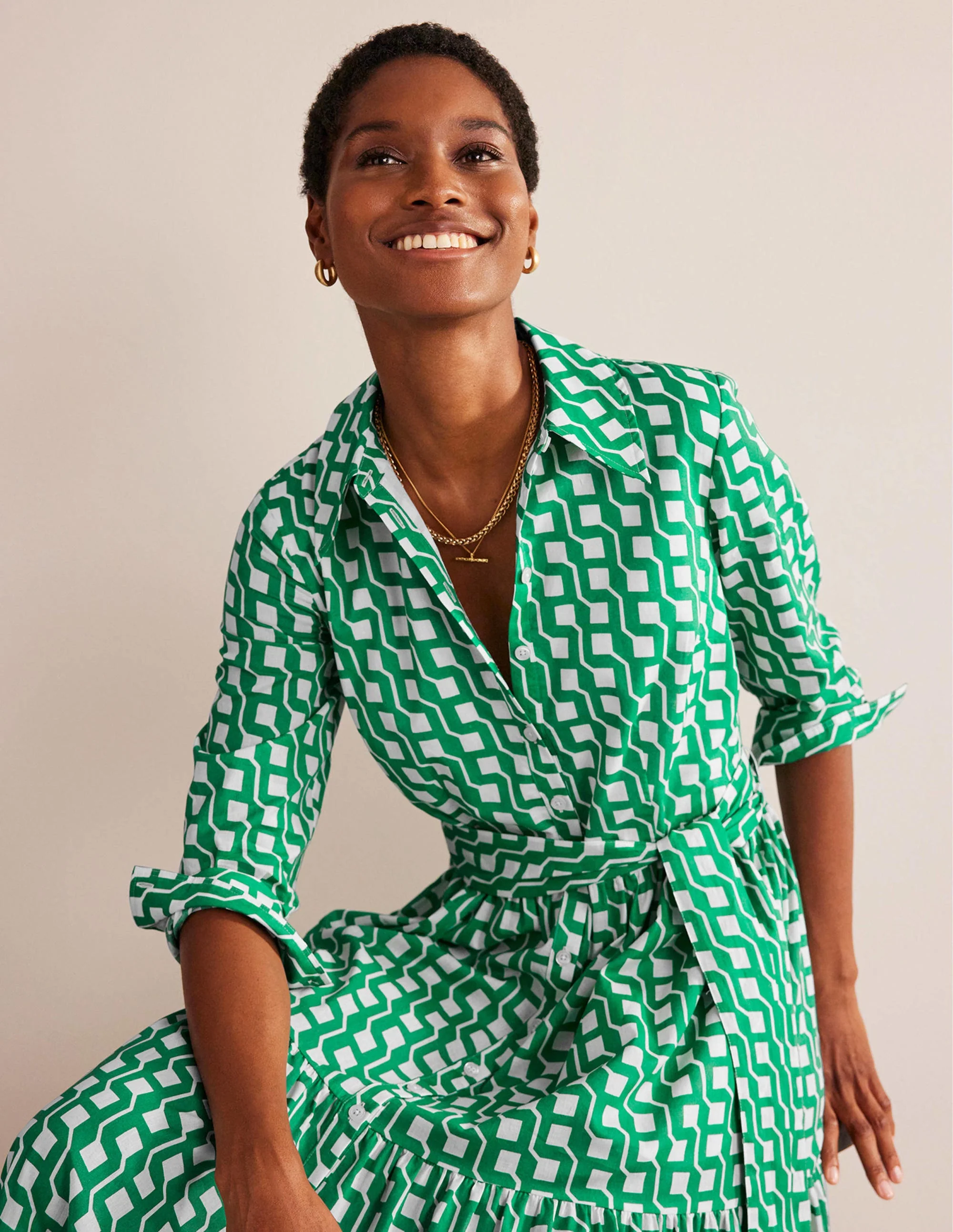 Flo Cotton Midi Shirt Dress-Bright Emerald, Cube Geo - Image 5