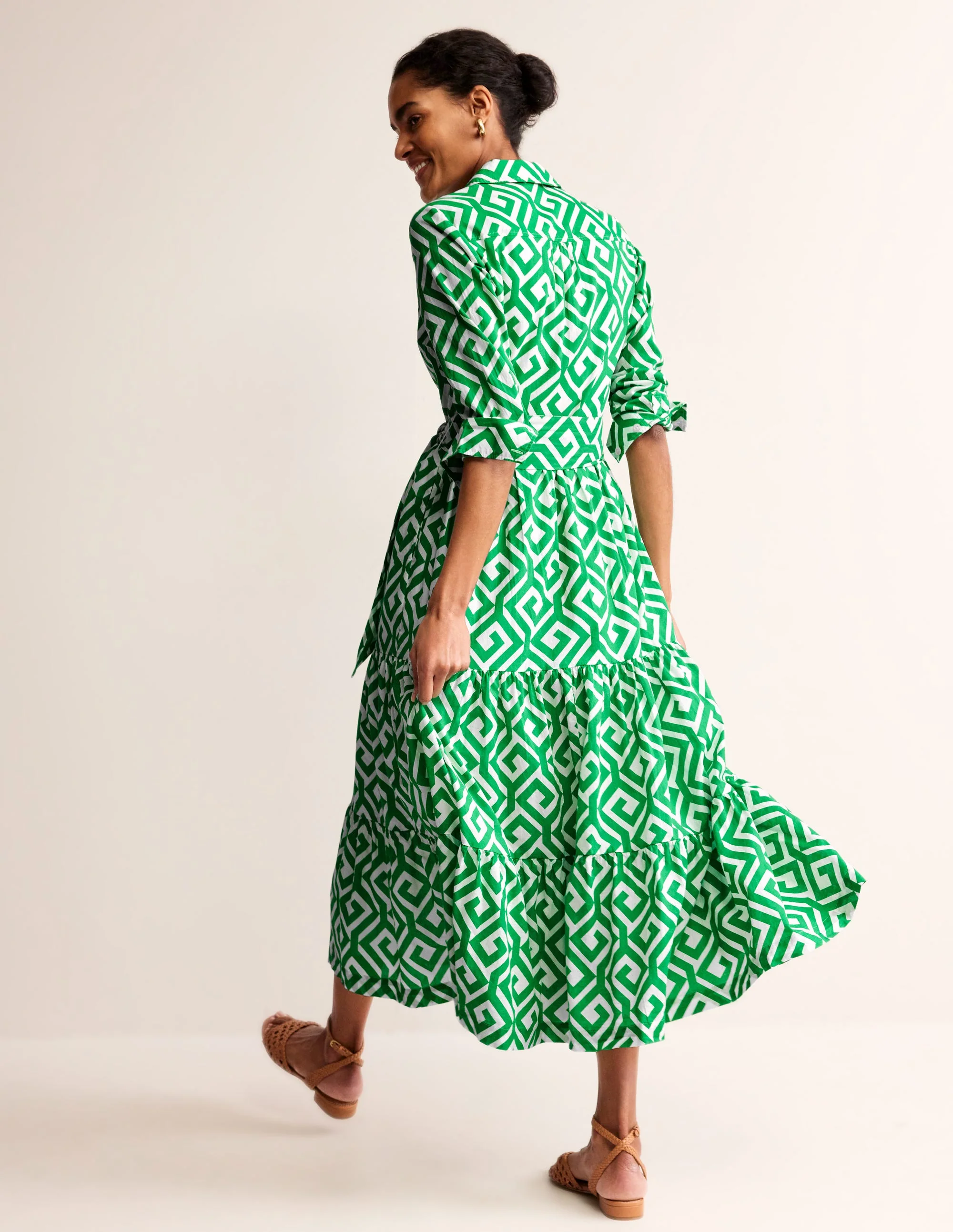 Flo Cotton Midi Shirt Dress-Green Tambourine, Maze - Image 3