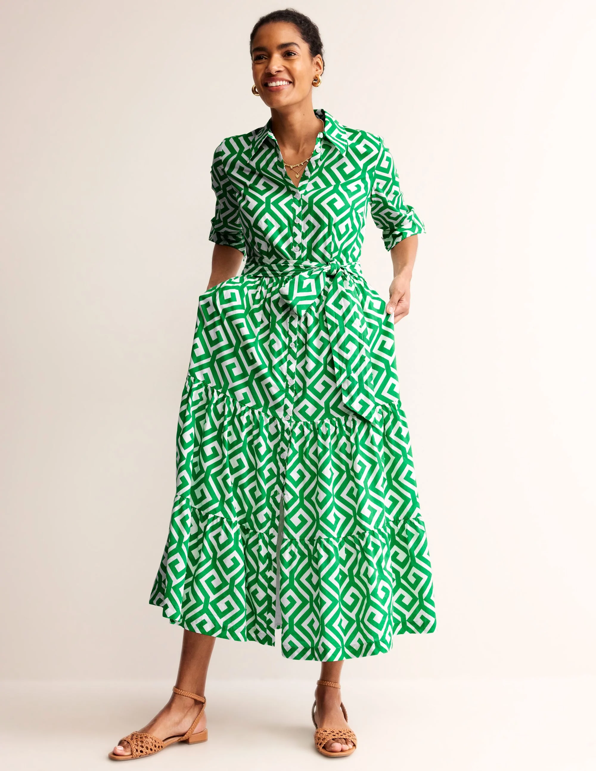 Flo Cotton Midi Shirt Dress-Green Tambourine, Maze - Image 4