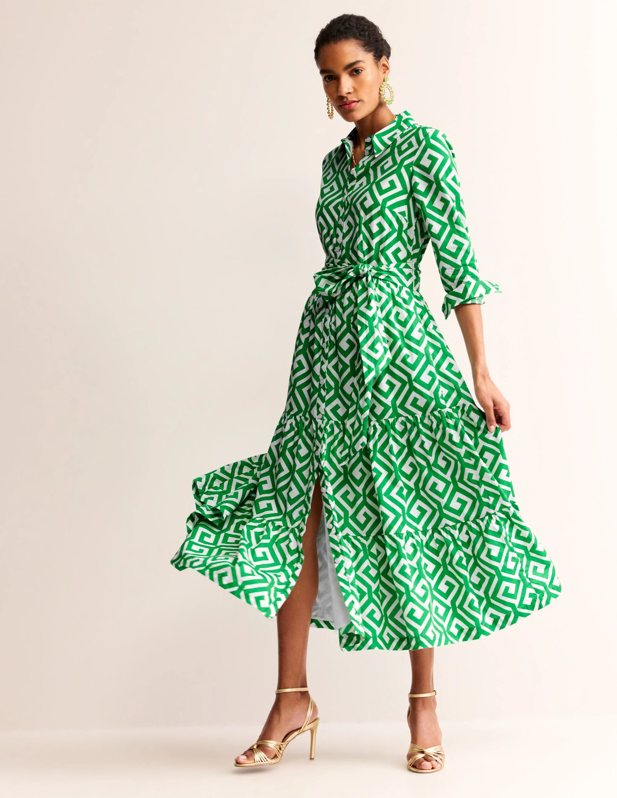 Flo Cotton Midi Shirt Dress-Green Tambourine, Maze - Image 5