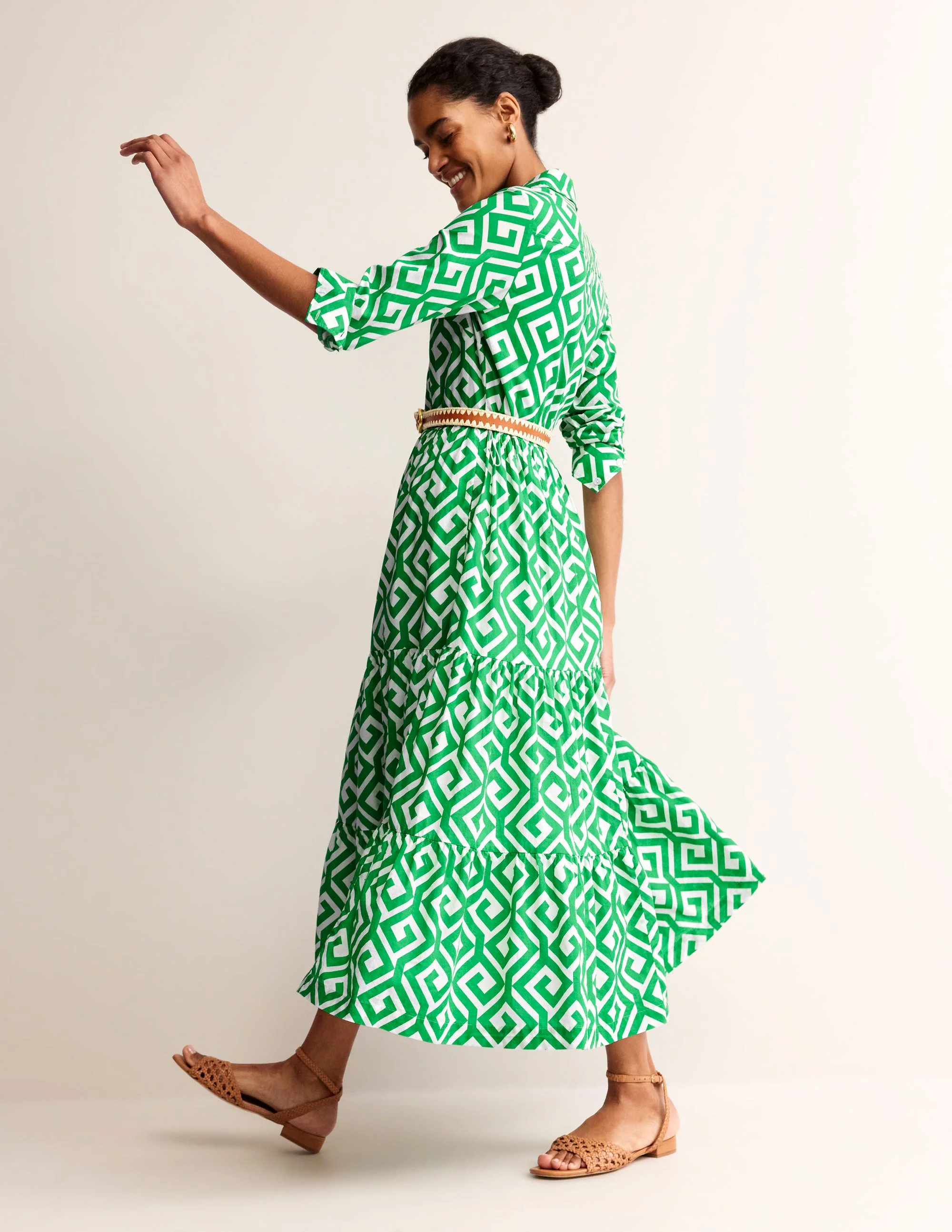 Flo Cotton Midi Shirt Dress-Green Tambourine, Maze - Image 6
