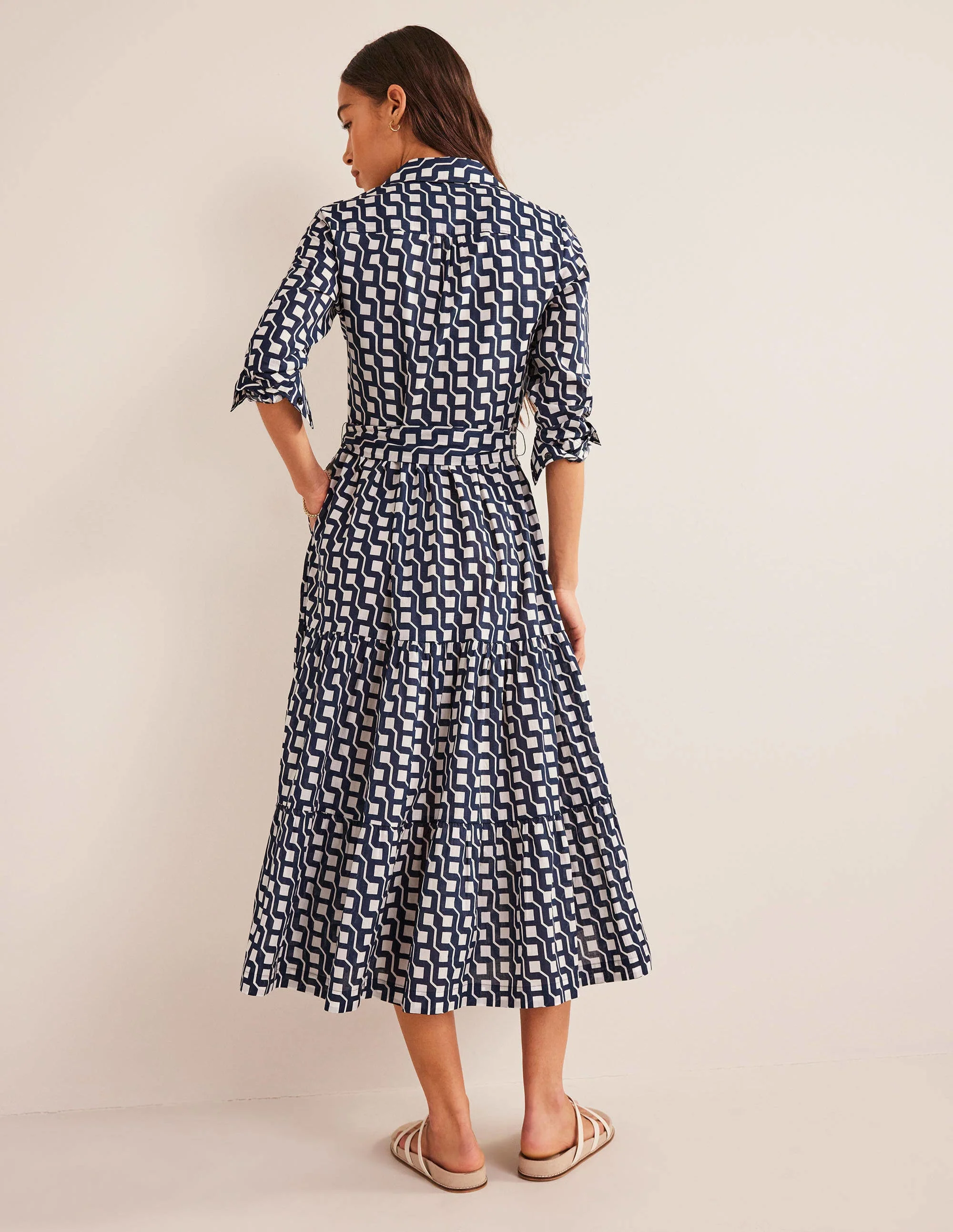 Flo Cotton Midi Shirt Dress-Navy, Cube Geo - Image 3