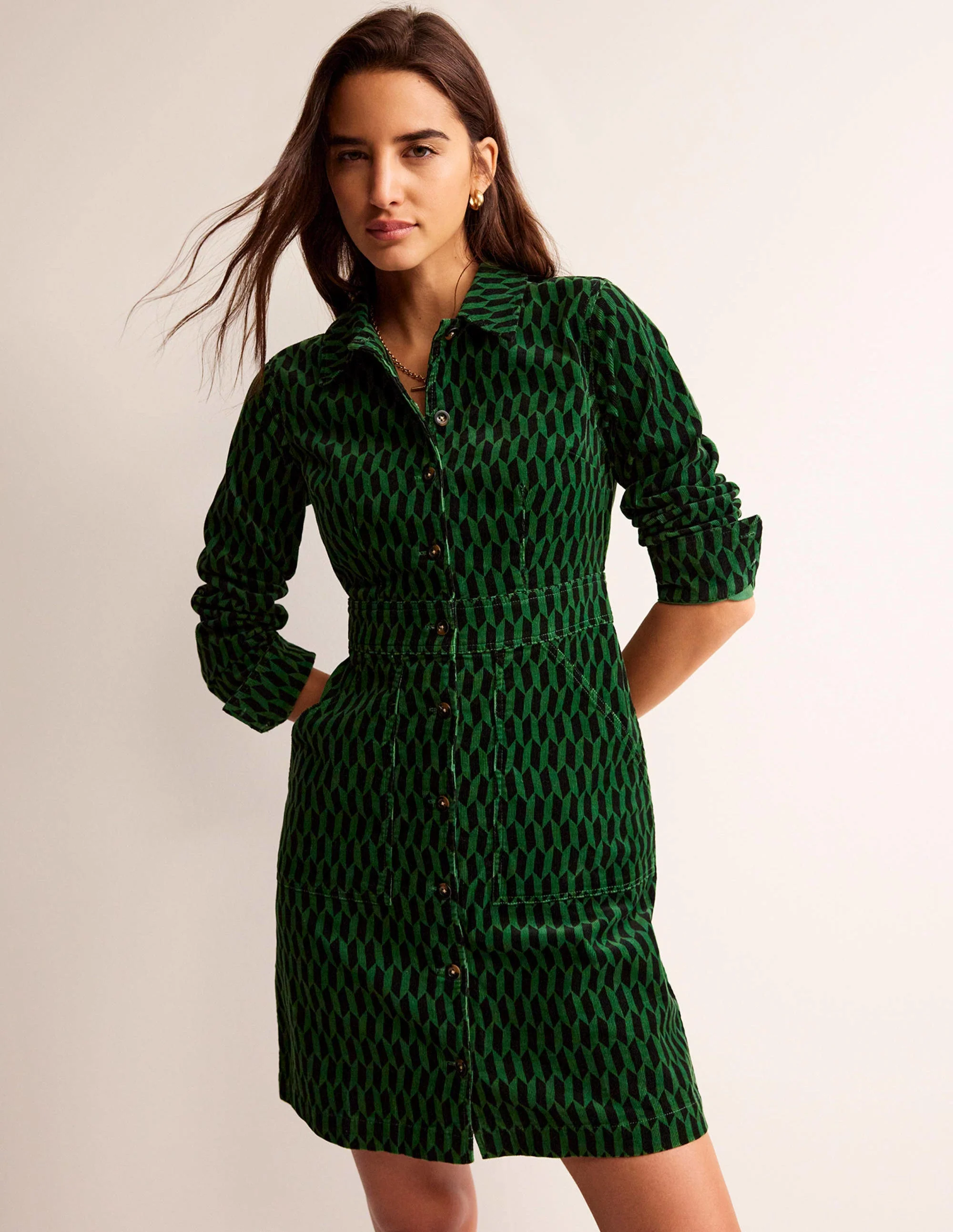 Flora Cord Shirt Dress-Amazon Green, Block Tile