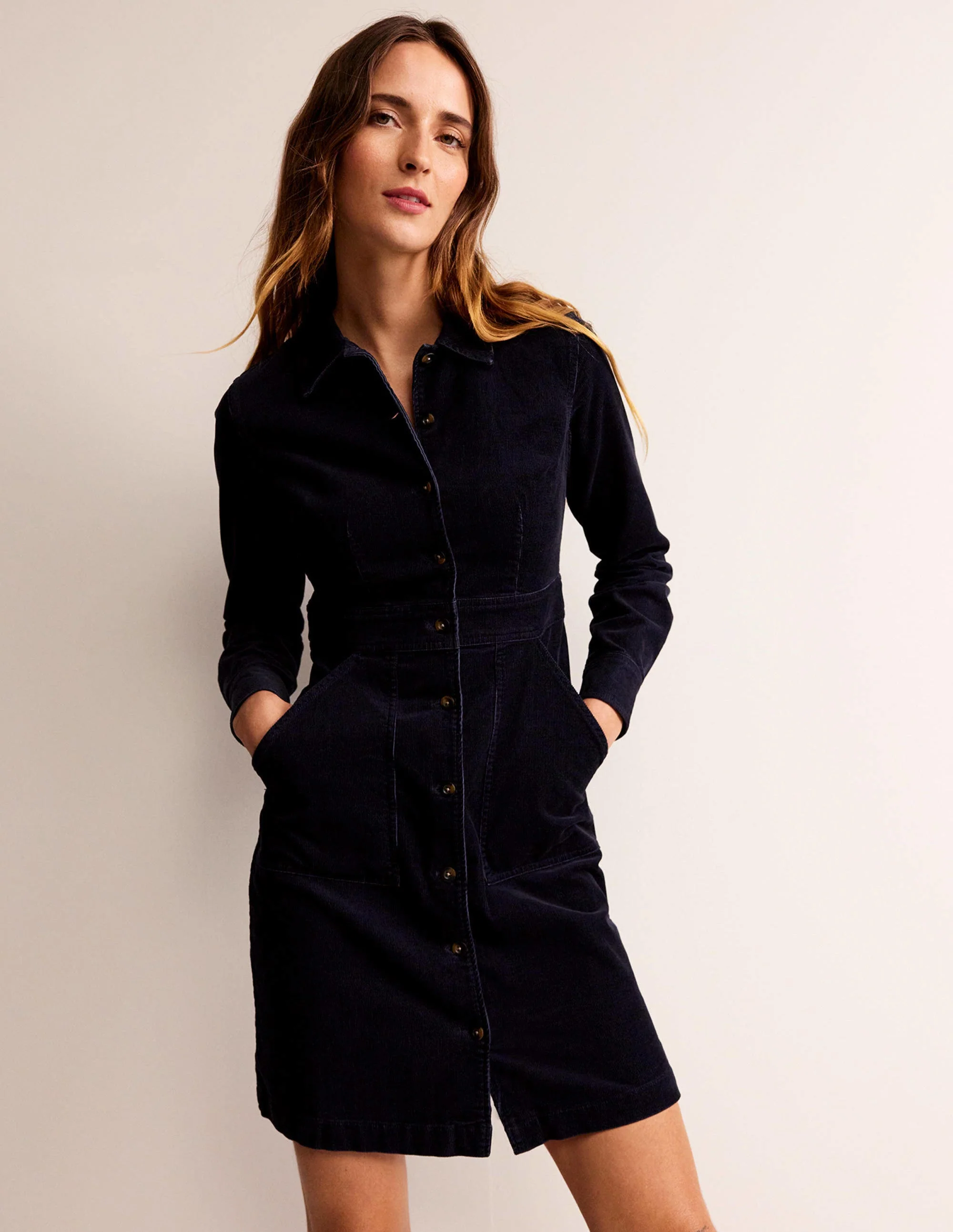 Flora Cord Shirt Dress-Navy