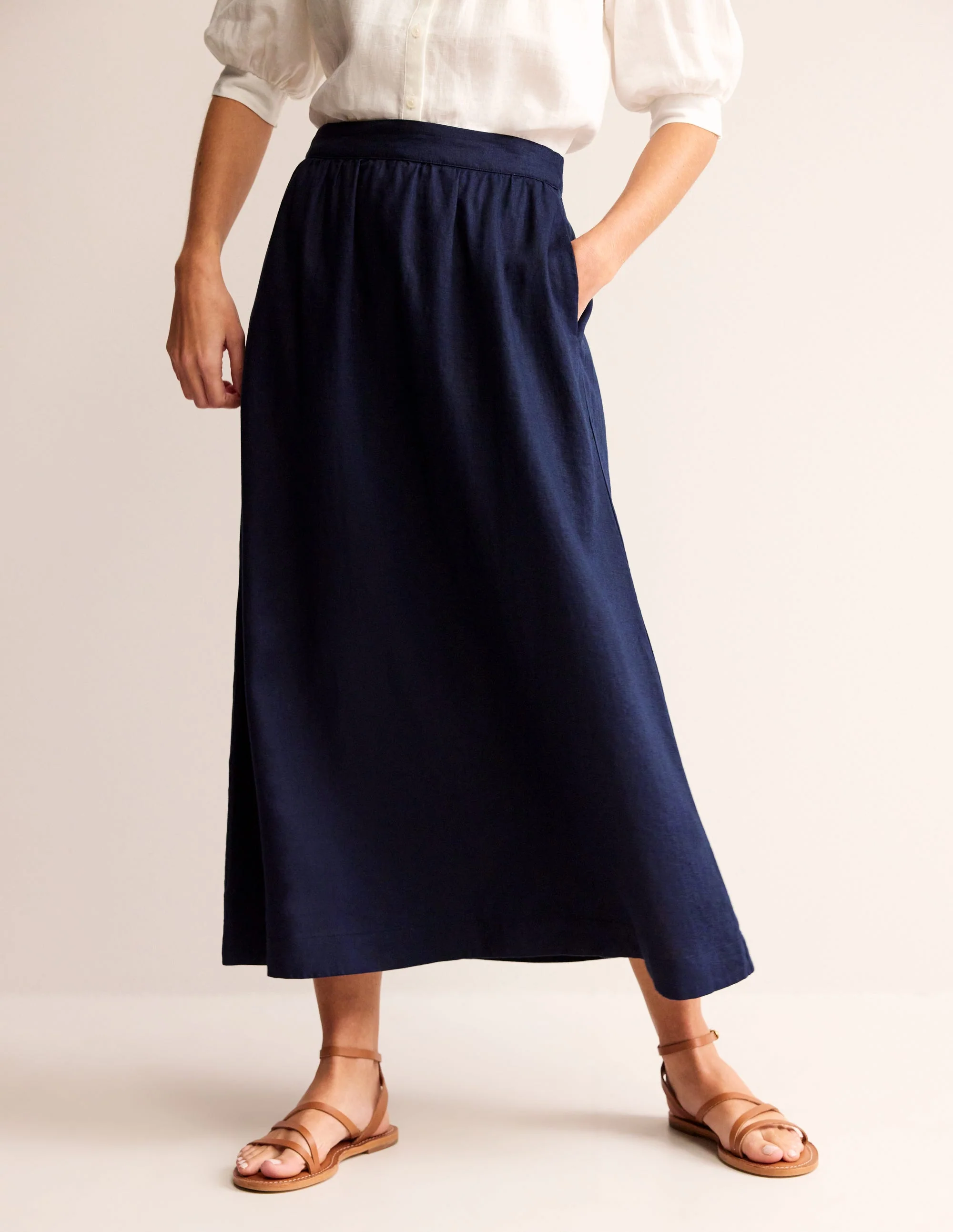 Florence Linen Midi Skirt-Navy - Image 4