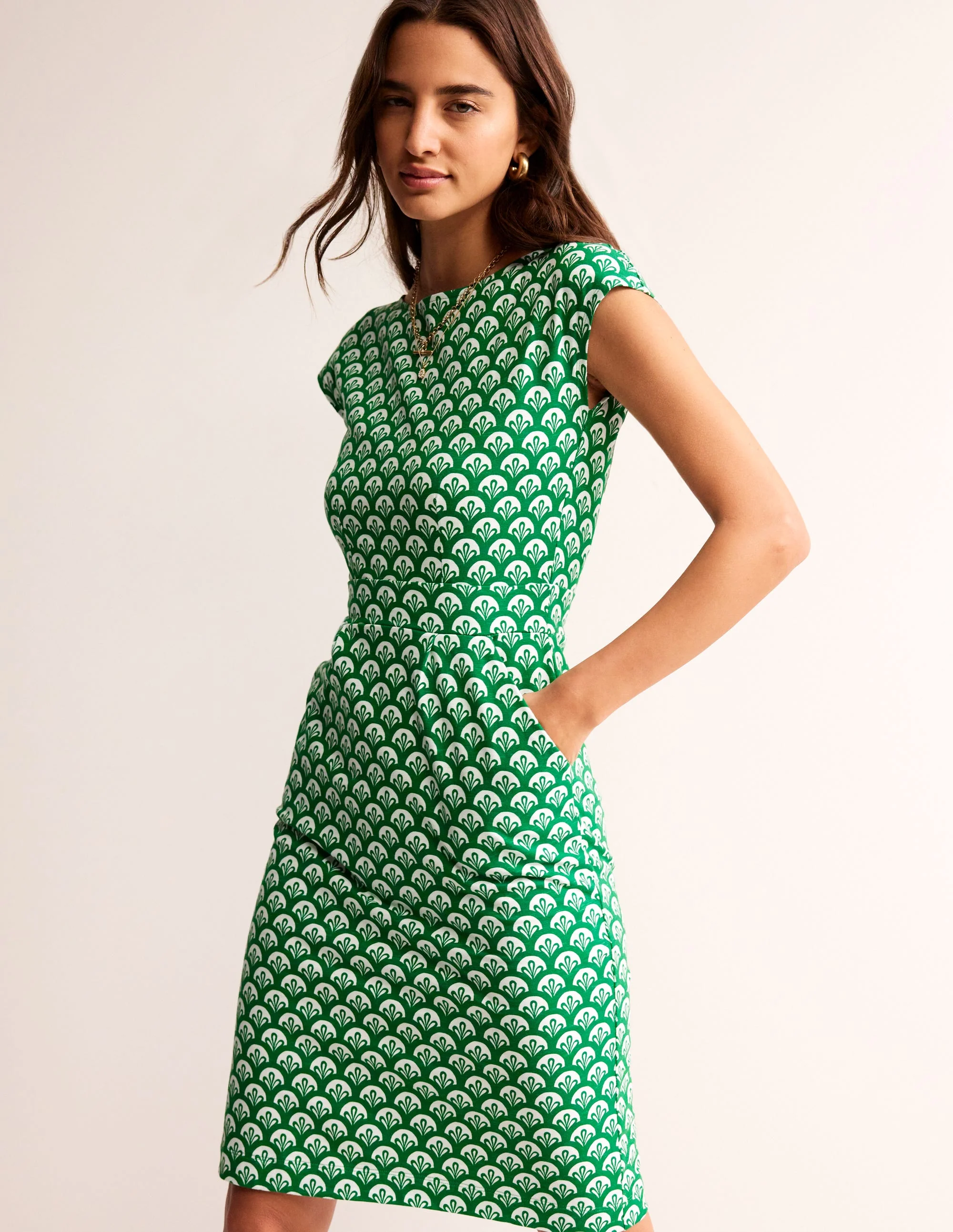 Florrie Jersey Dress-Green Tambourine, Foliage Geo