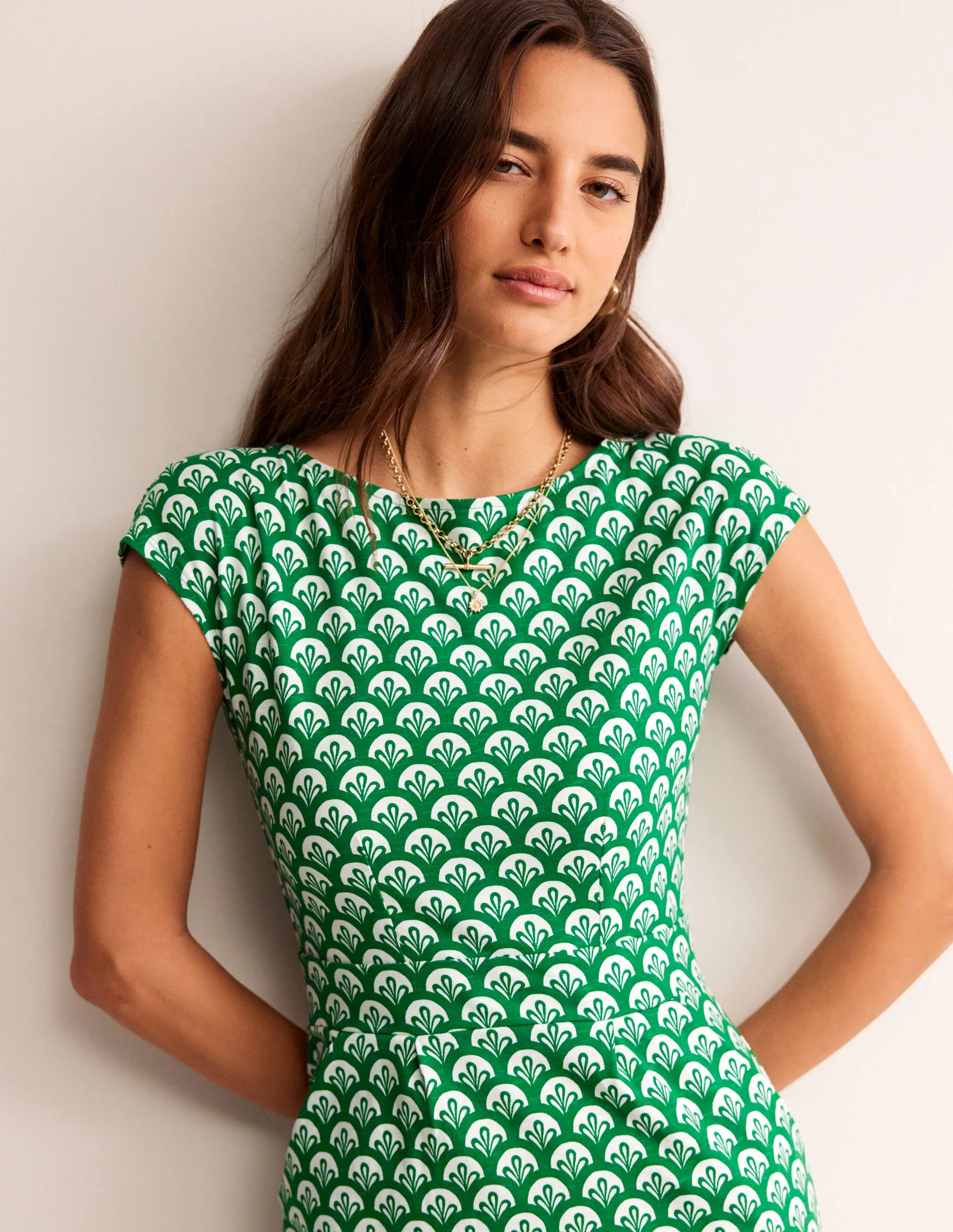 Florrie Jersey Dress-Green Tambourine, Foliage Geo - Image 2