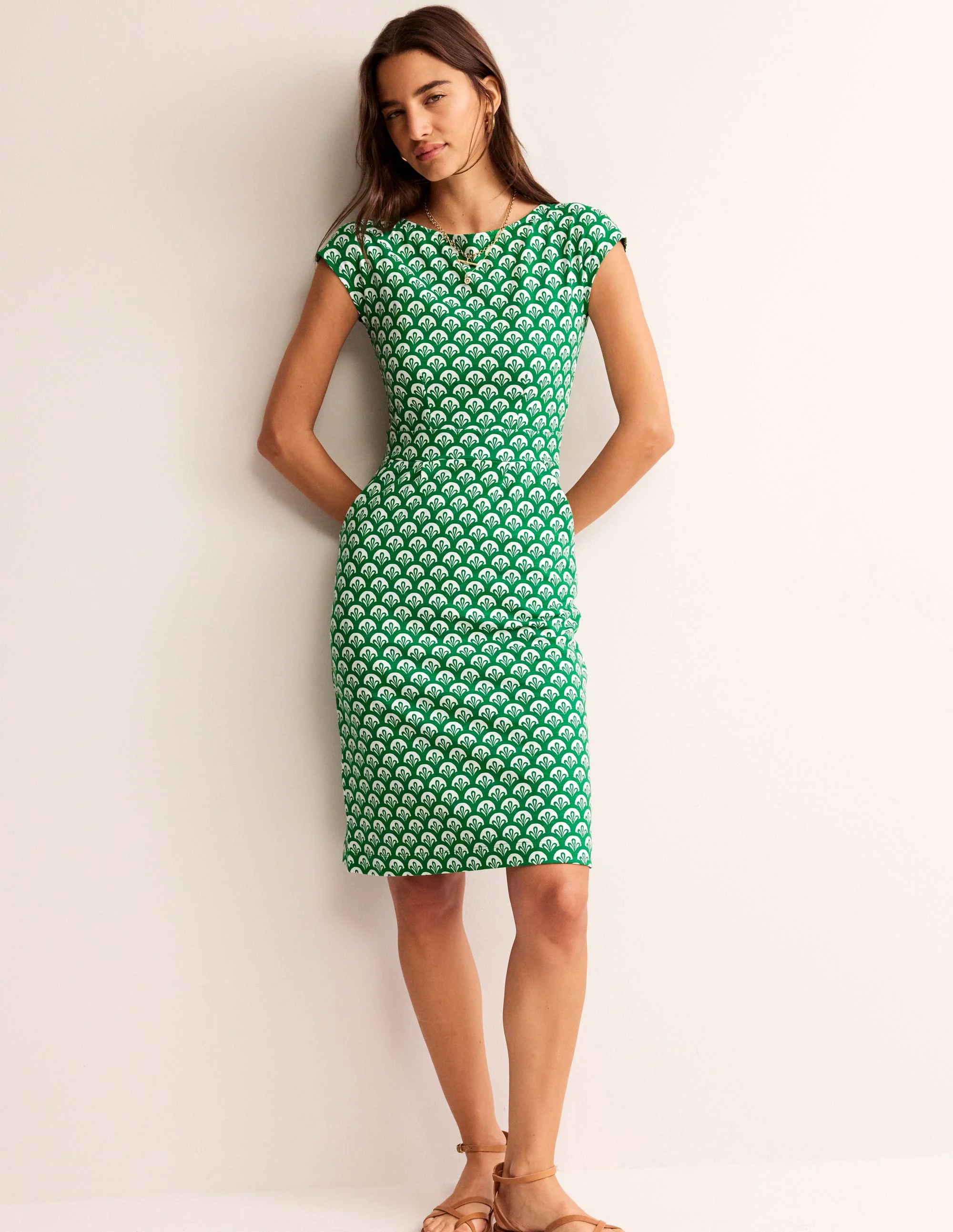 Florrie Jersey Dress-Green Tambourine, Foliage Geo - Image 4