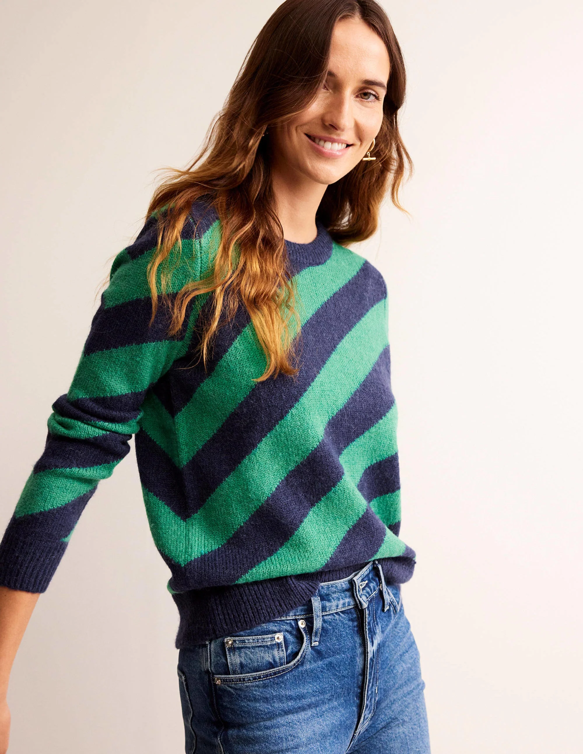 Fluffy Diagonal Stripe Sweater-Navy and Green Stripe