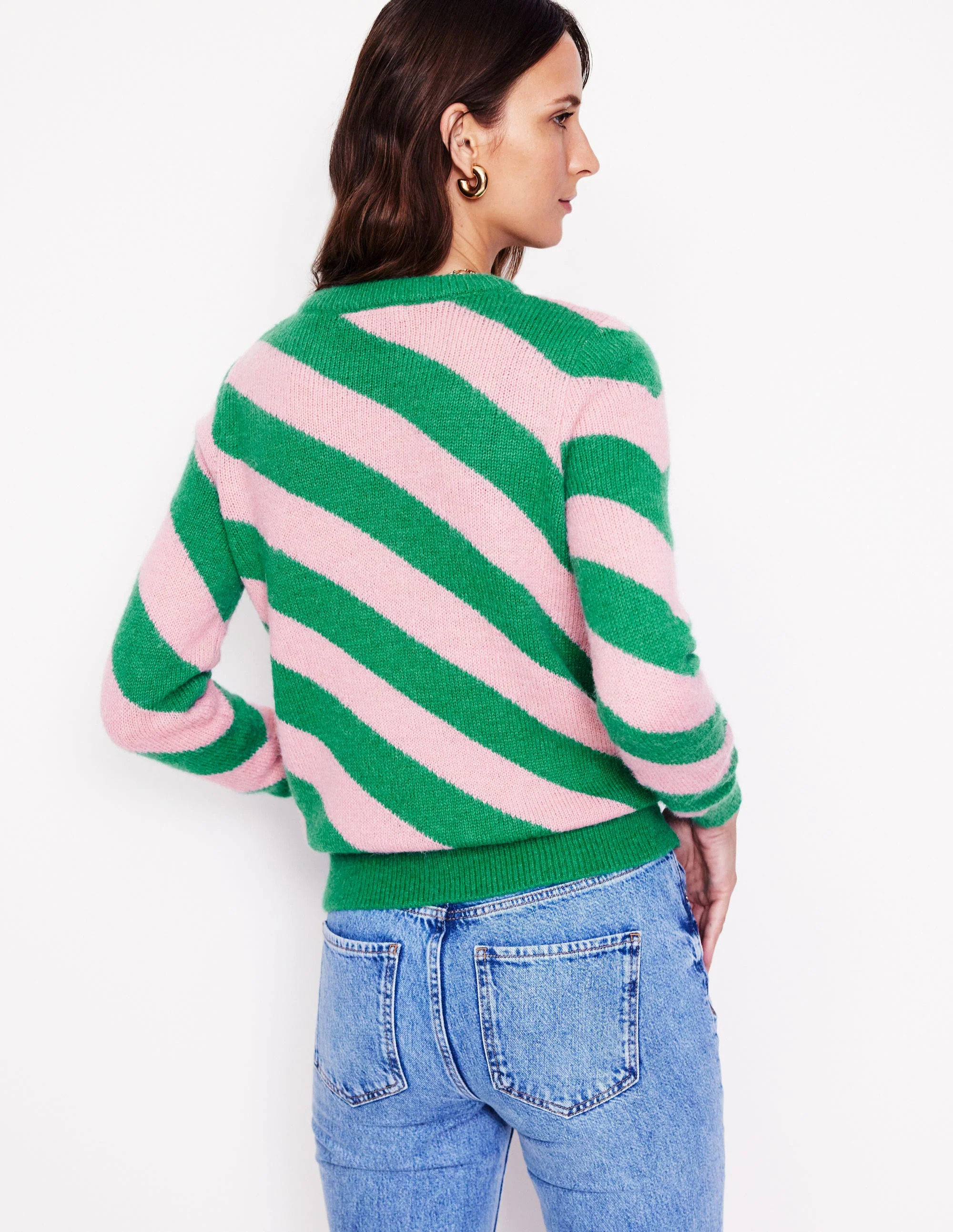 Fluffy Diagonal Stripe Sweater-Party Pink, Rich Emerald Green - Image 3