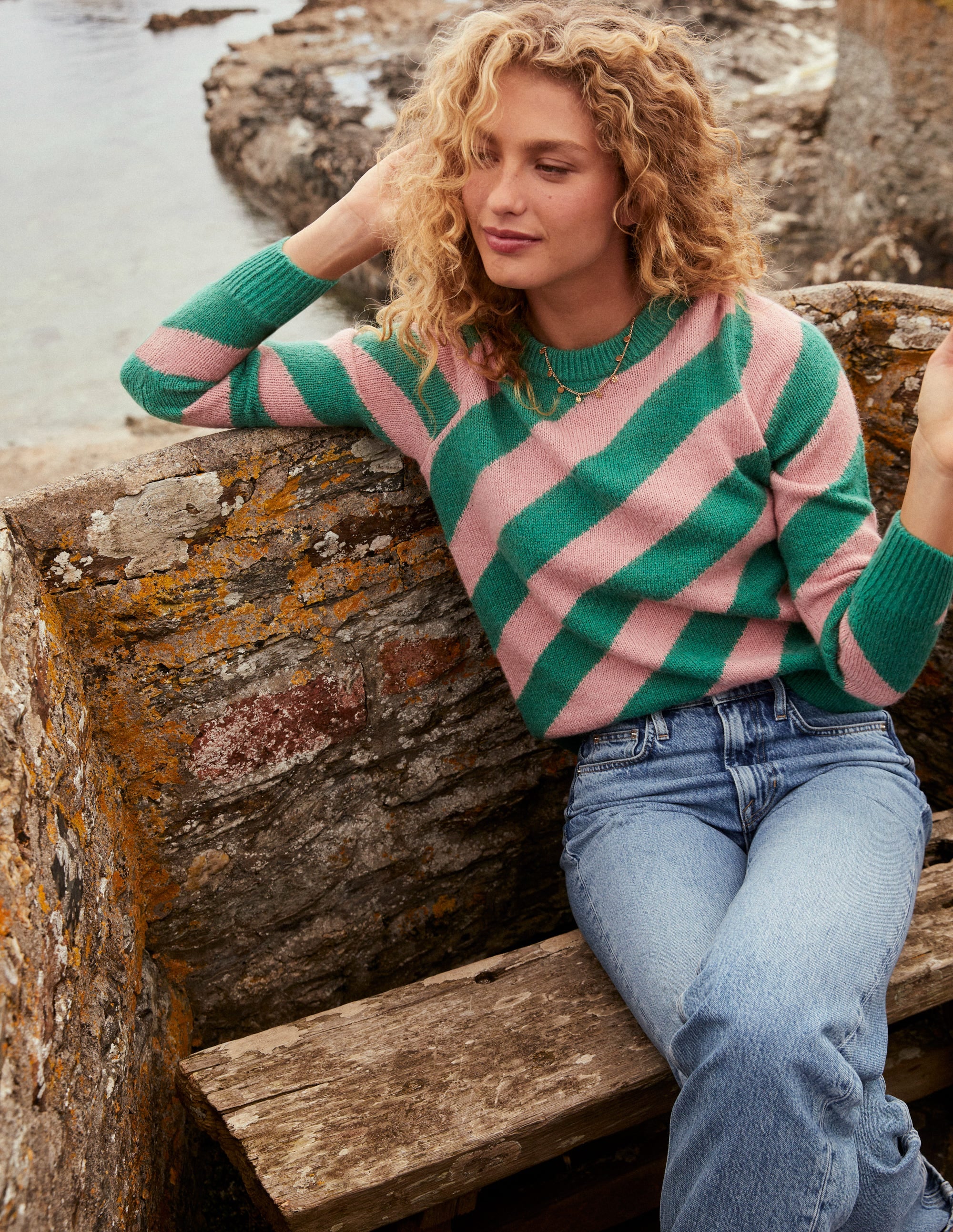 Fluffy Diagonal Stripe Sweater-Party Pink, Rich Emerald Green - Image 5