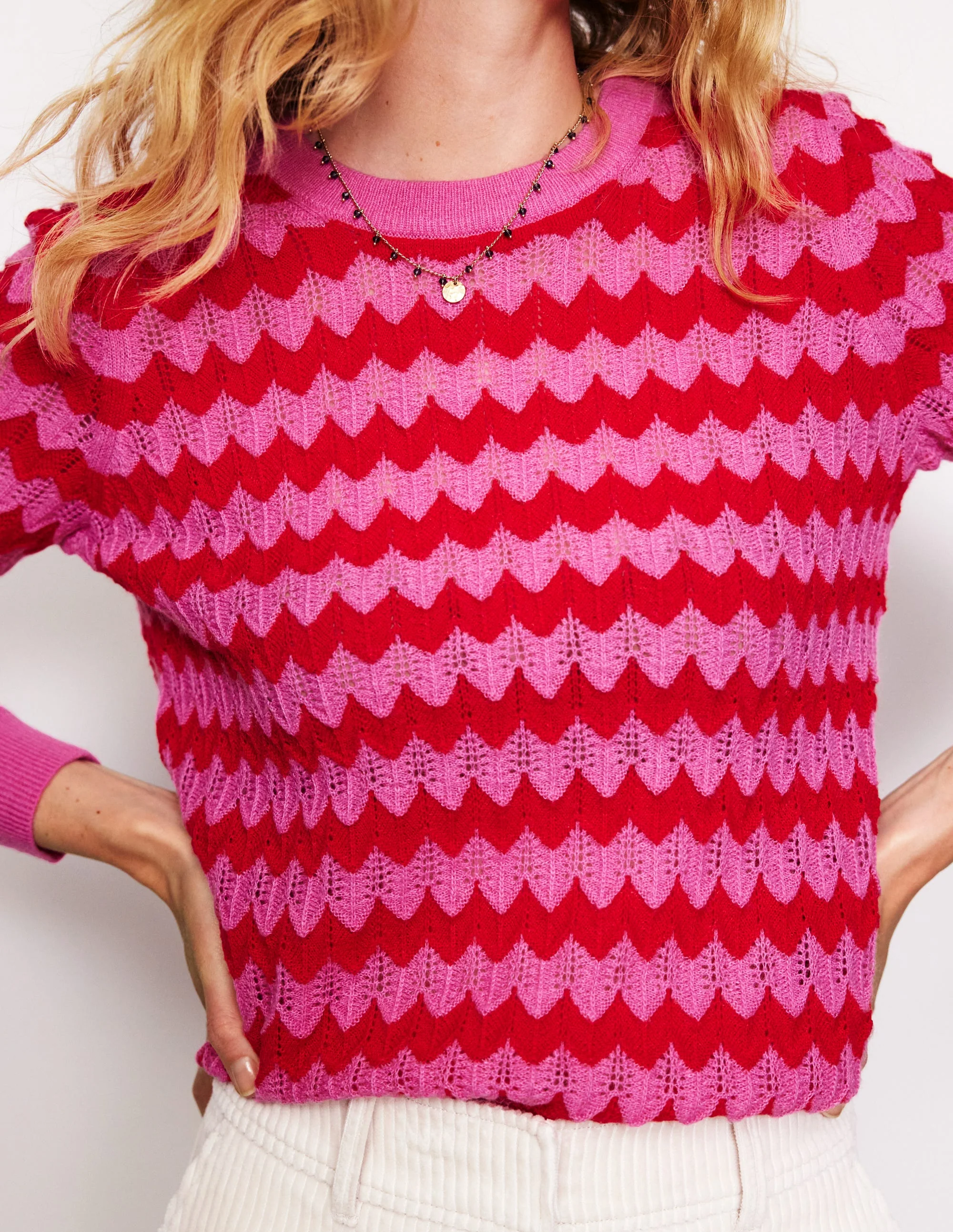 Fluffy Diagonal Stripe Sweater-Pink/ Red - Image 2