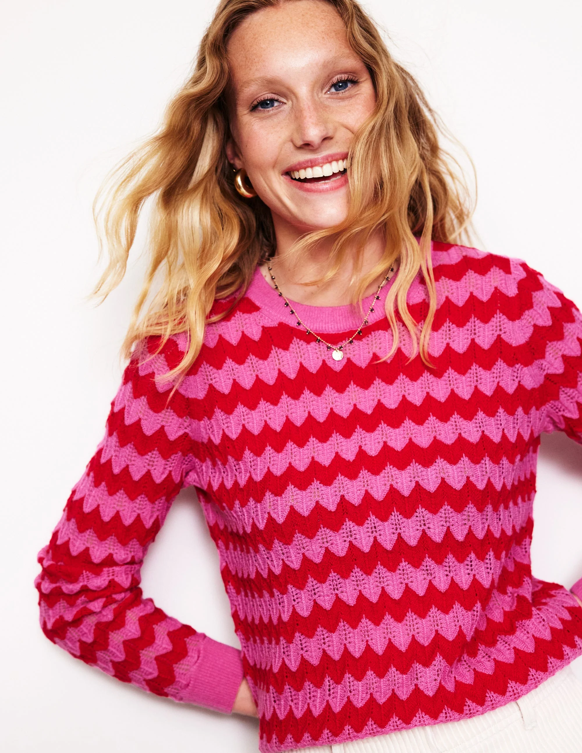Fluffy Diagonal Stripe Sweater-Pink/ Red - Image 4