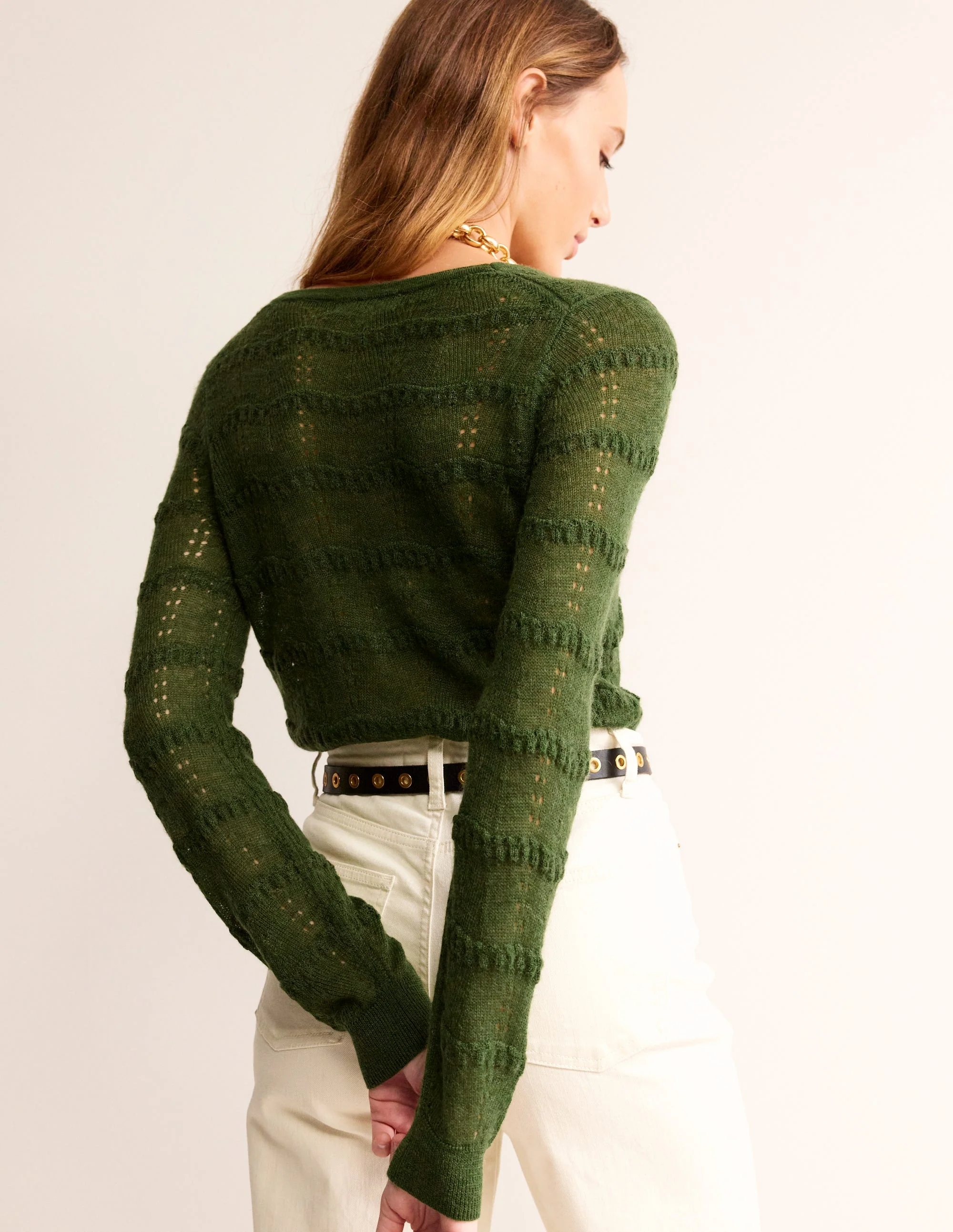 Fluffy Pointelle Cardigan-Garden Green - Image 3