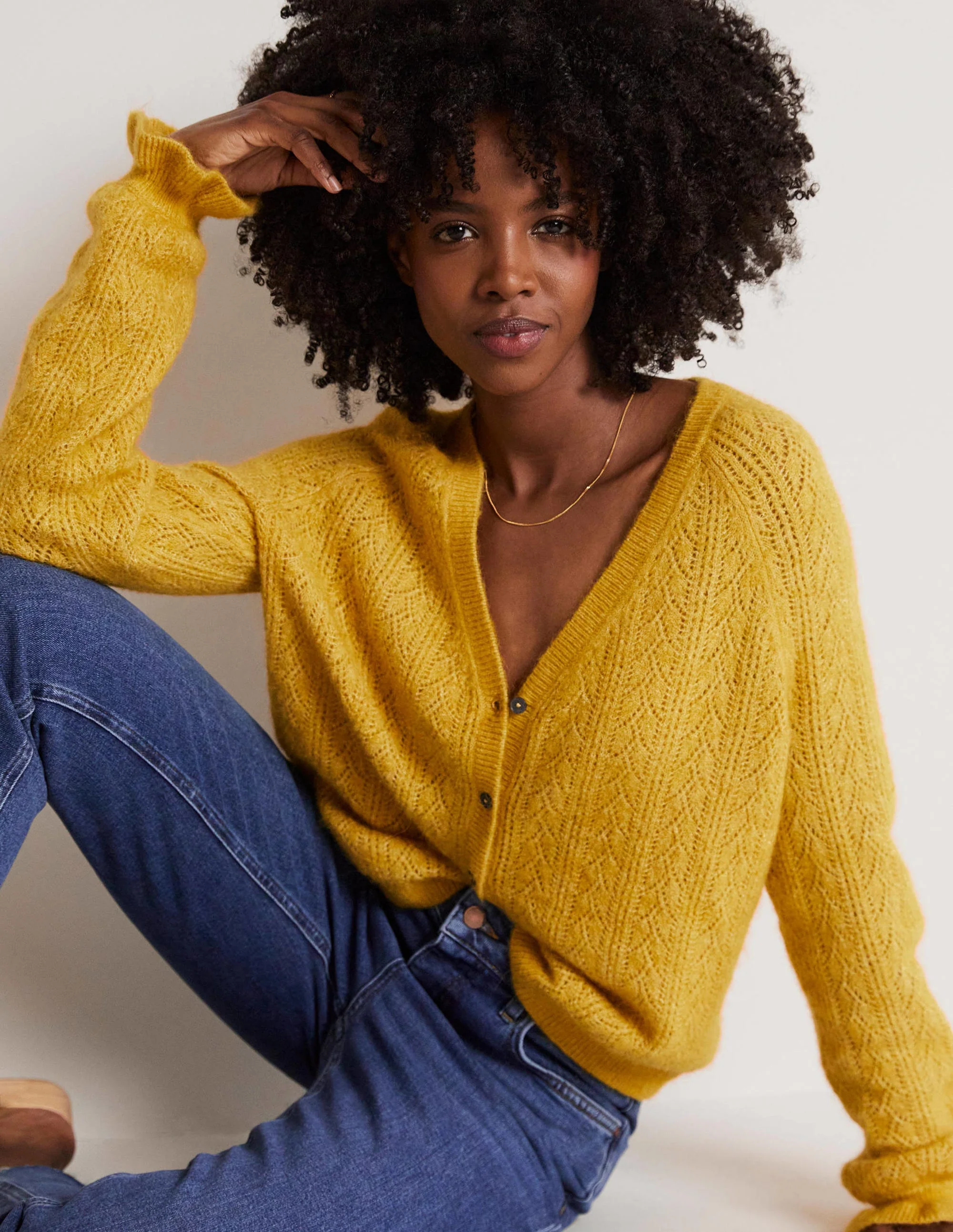 Fluffy Pointelle Cardigan-Honeycomb Yellow - Image 5