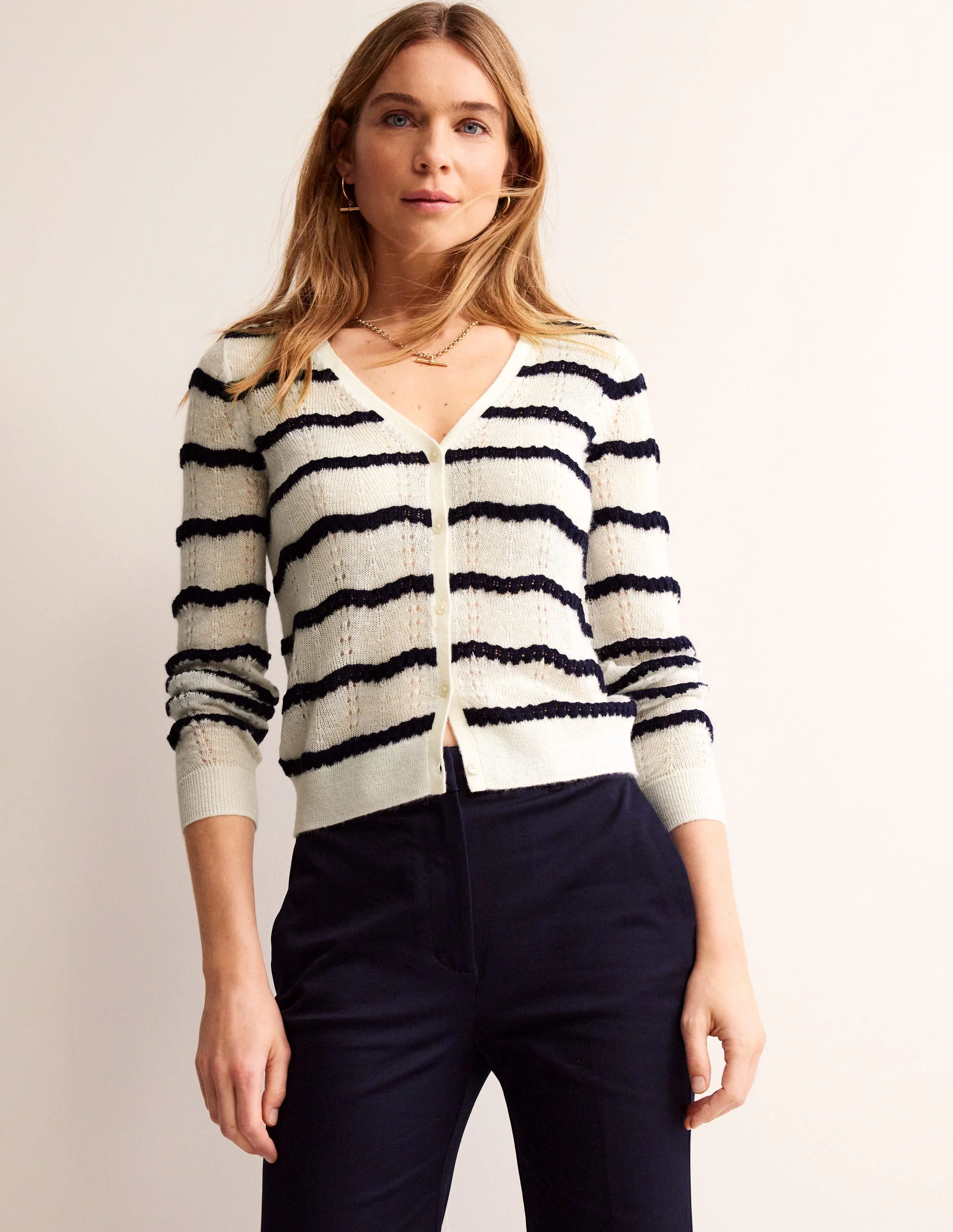 Fluffy Pointelle Cardigan-Ivory. Naval Academy Stripe - Image 4